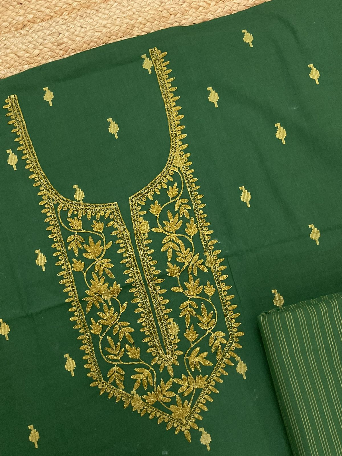 Pure Handloom Cotton Self Weaved Embroidered Suit - Green