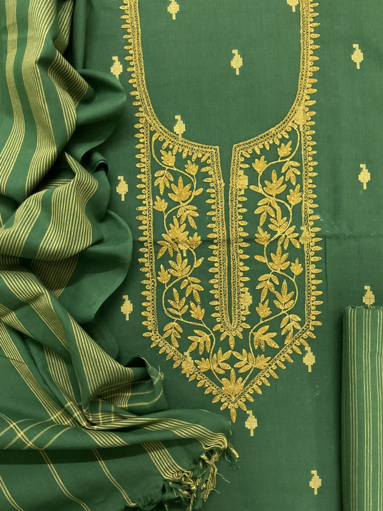 Image of Pure Handloom Cotton Self Weaved Embroidered Suit - Green