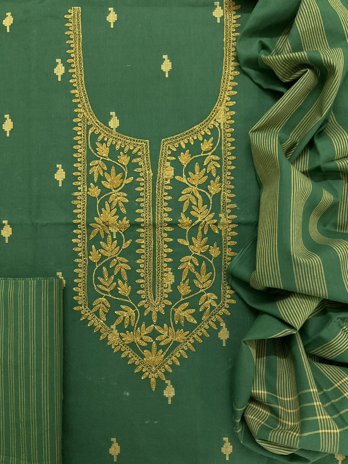 Pure Handloom Cotton Self Weaved Embroidered Suit - Green