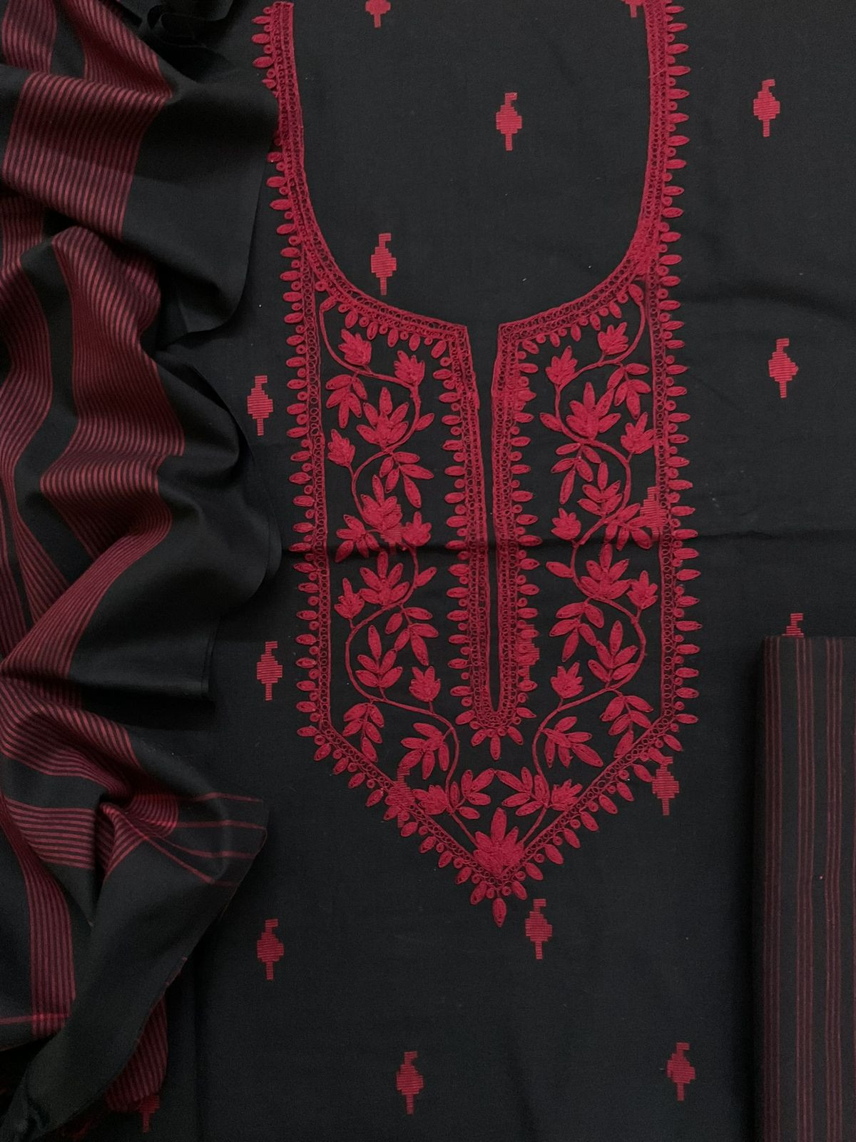 Pure Handloom Cotton Self Weaved Embroidered Suit - Black