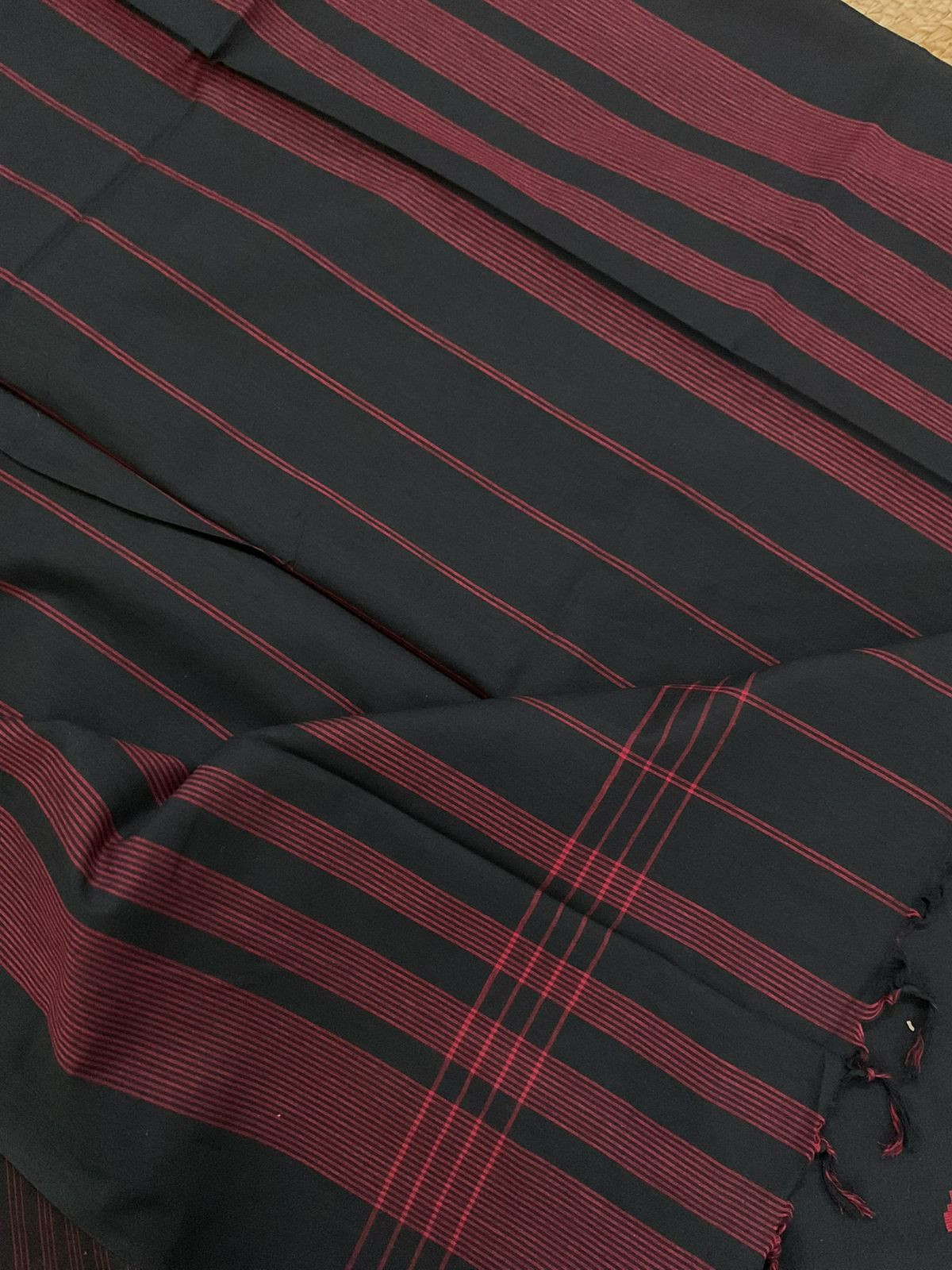 Pure Handloom Cotton Self Weaved Embroidered Suit - Black