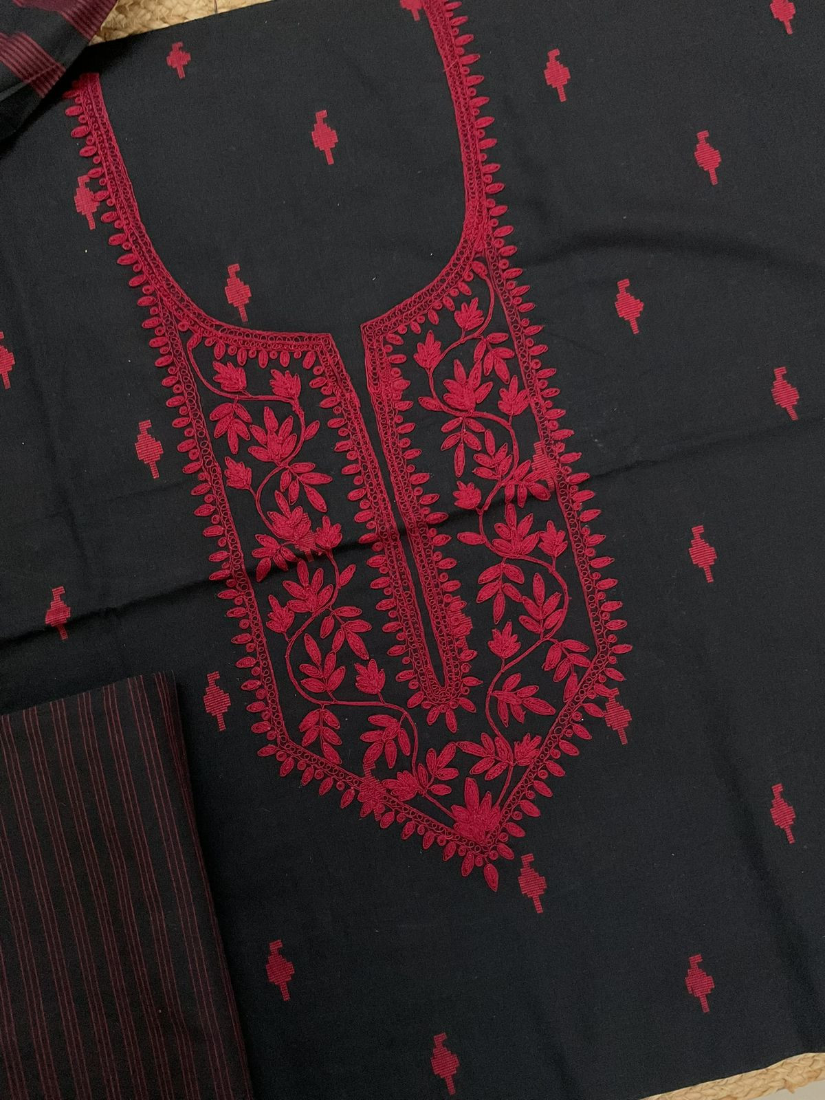 Pure Handloom Cotton Self Weaved Embroidered Suit - Black