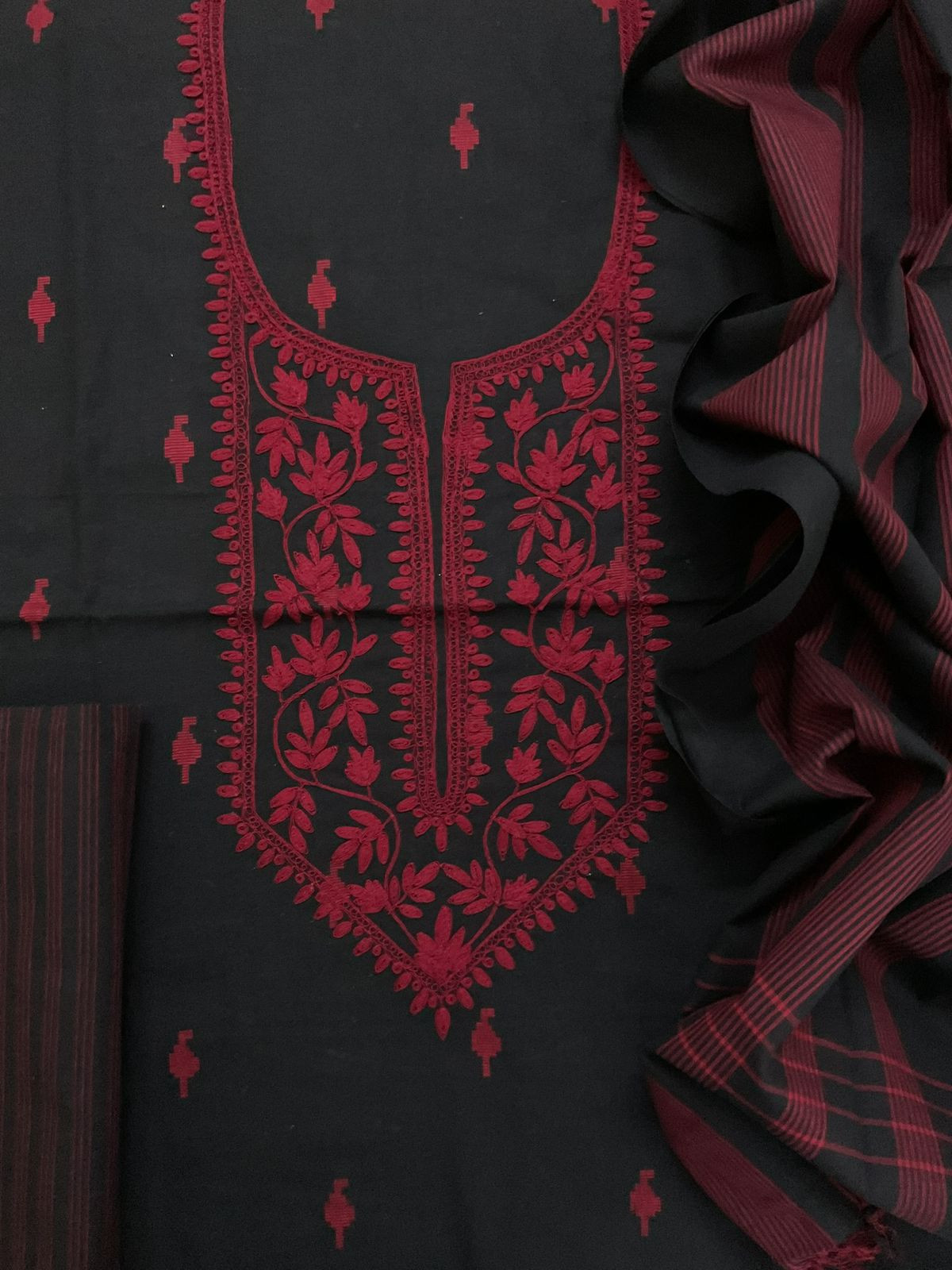 Pure Handloom Cotton Self Weaved Embroidered Suit - Black