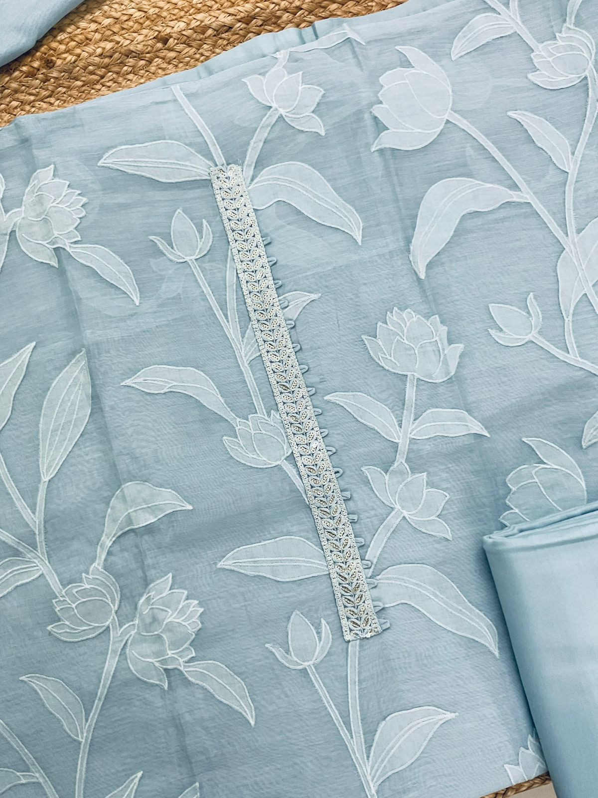 Pure Mul Chanderi Embroidered Suit - Blue