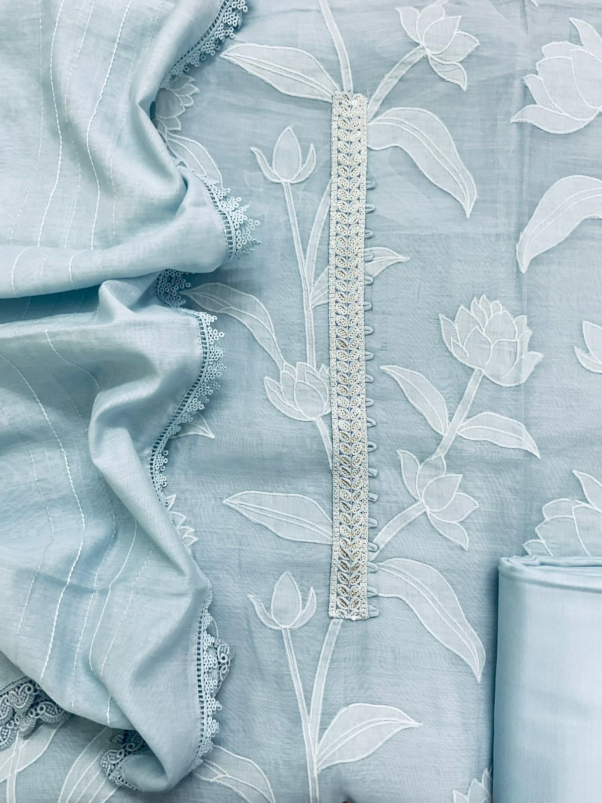 Pure Mul Chanderi Embroidered Suit - Blue