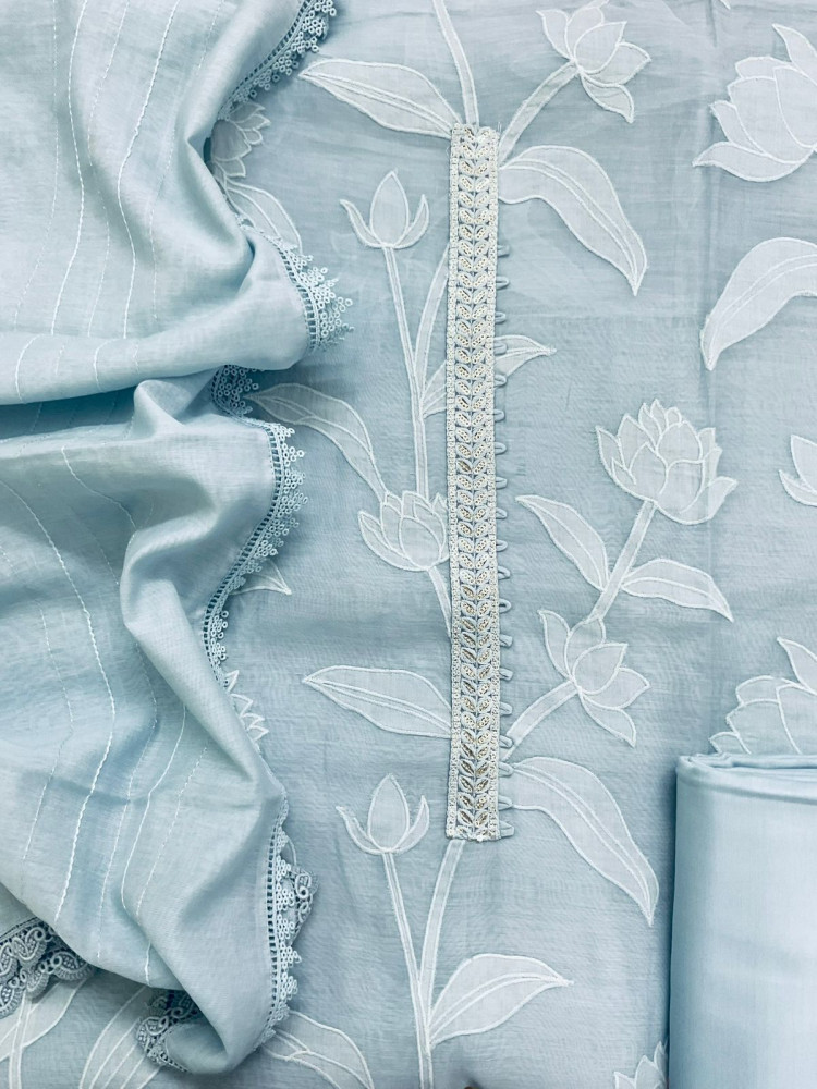 Image of Pure Mul Chanderi Embroidered Suit - Blue