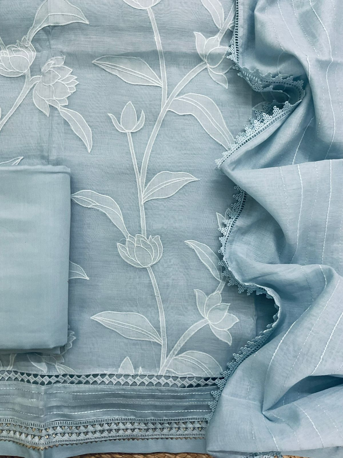 Pure Mul Chanderi Embroidered Suit - Blue