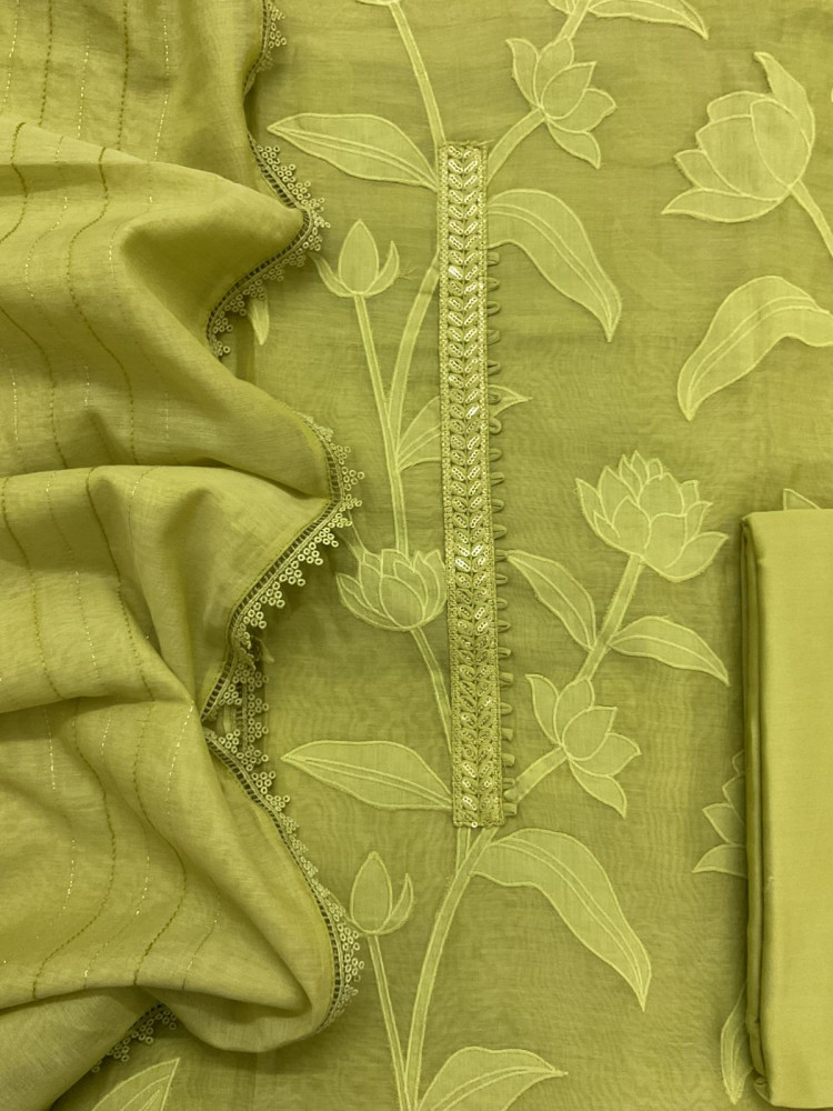Image of Pure Mul Chanderi Embroidered Suit - Green