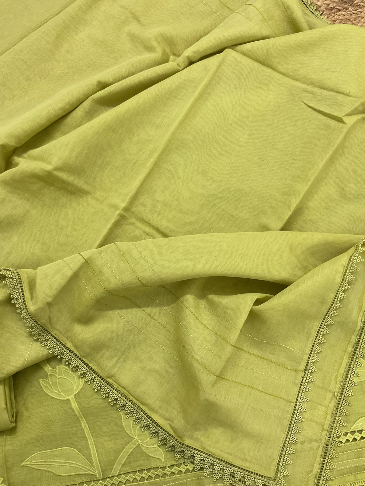 Pure Mul Chanderi Embroidered Suit - Green