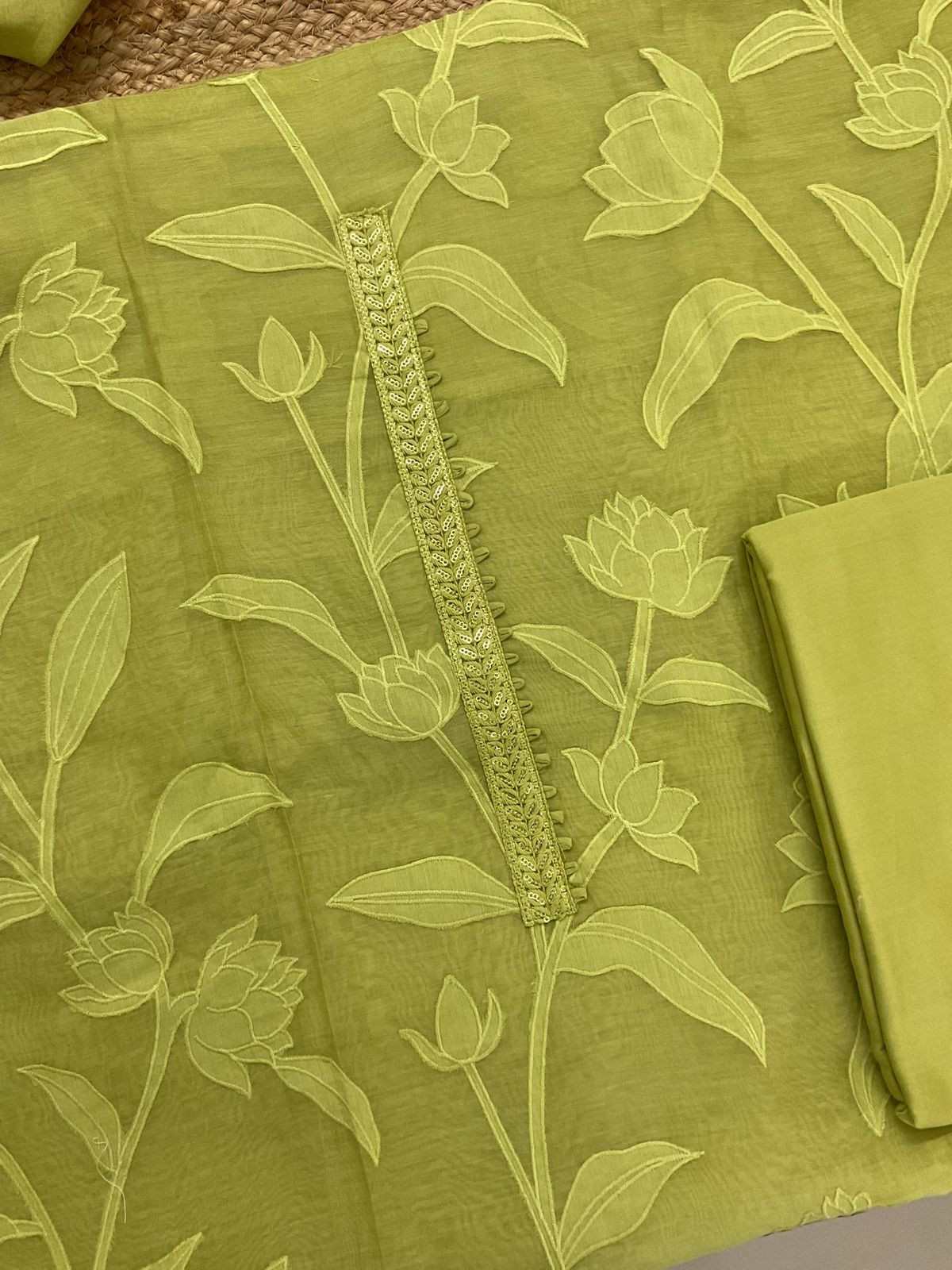 Pure Mul Chanderi Embroidered Suit - Green