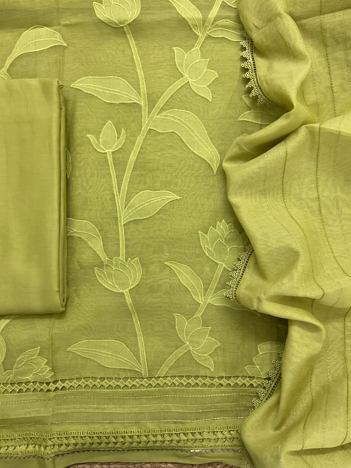 Pure Mul Chanderi Embroidered Suit - Green
