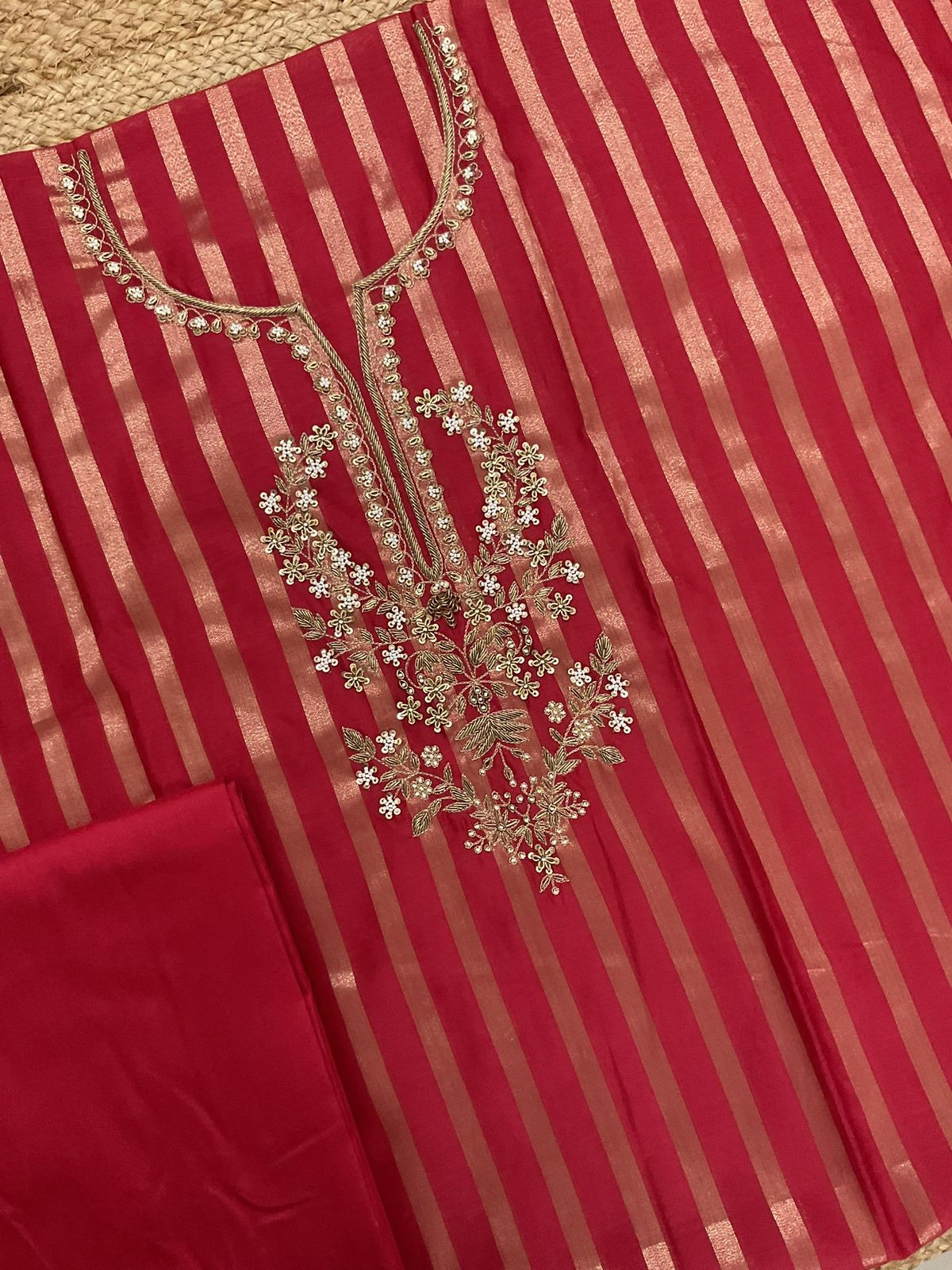 Pure Mul Chanderi Self Weaved Embroidered Suit - Red