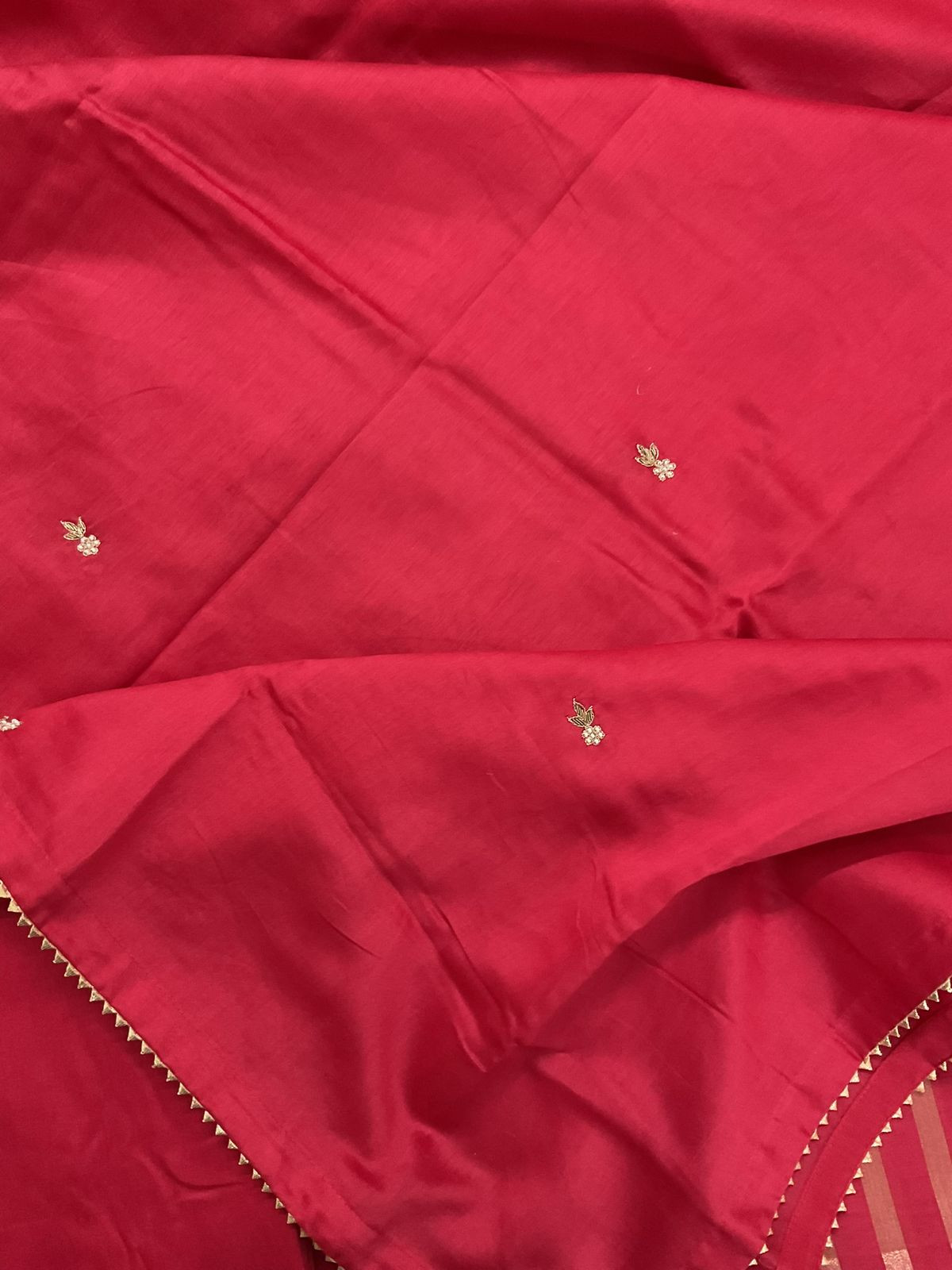 Pure Mul Chanderi Self Weaved Embroidered Suit - Red