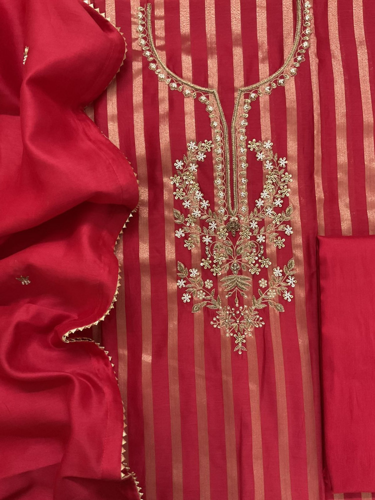 Image of Pure Mul Chanderi Self Weaved Embroidered Suit - Red