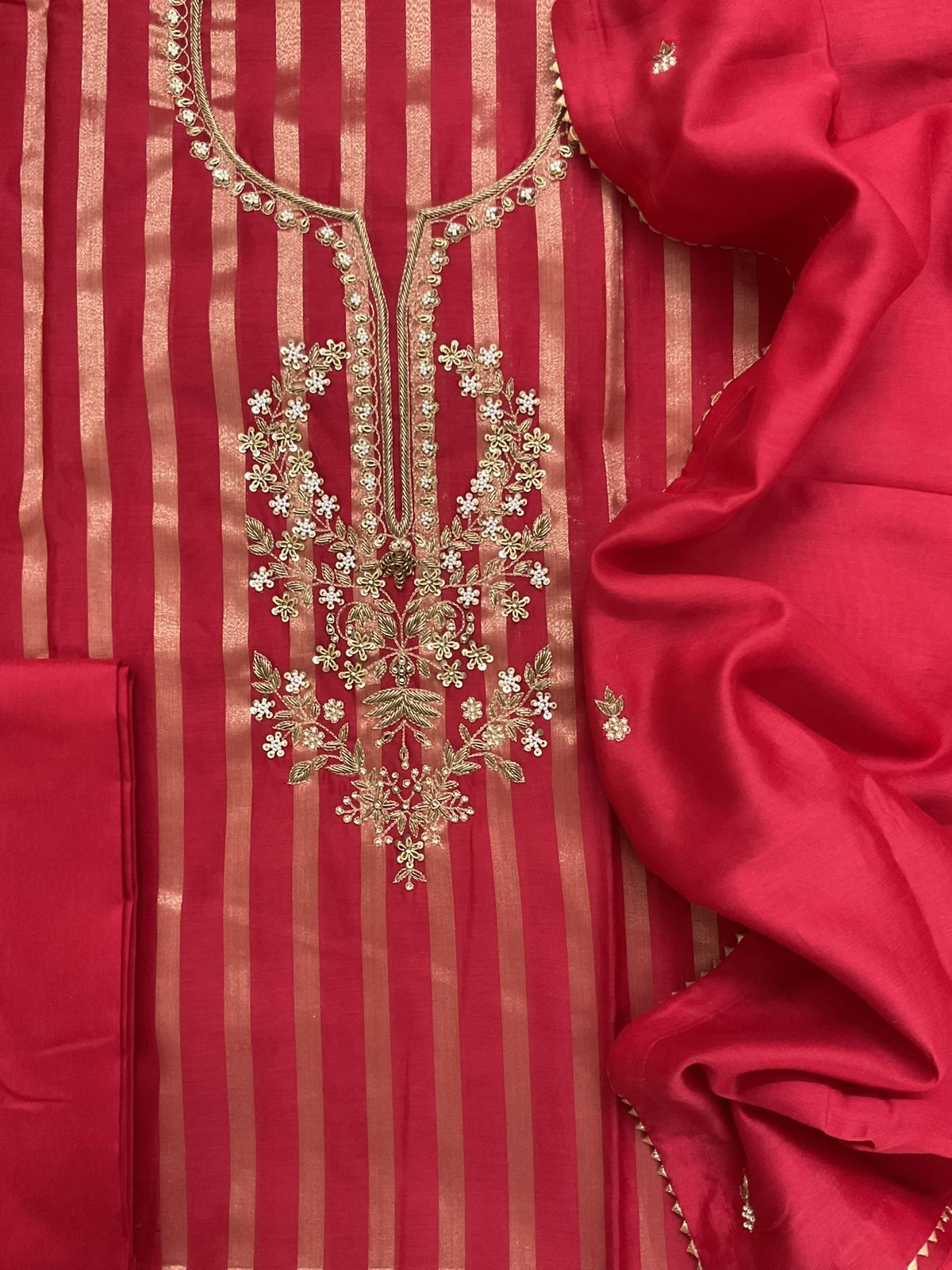 Pure Mul Chanderi Self Weaved Embroidered Suit - Red