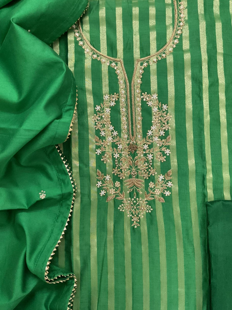 Image of Pure Mul Chanderi Self Weaved Embroidered Suit - Green