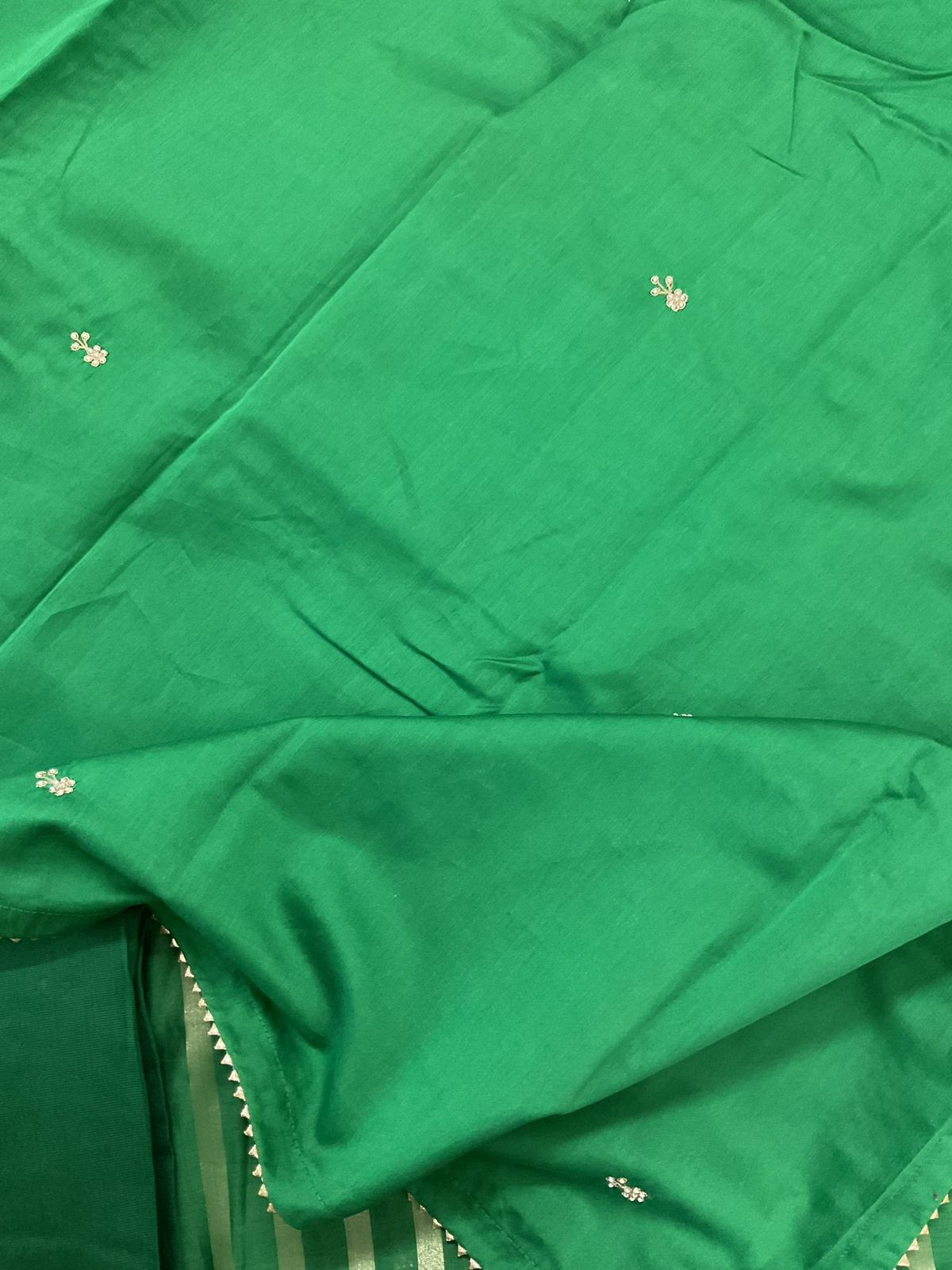 Pure Mul Chanderi Self Weaved Embroidered Suit - Green