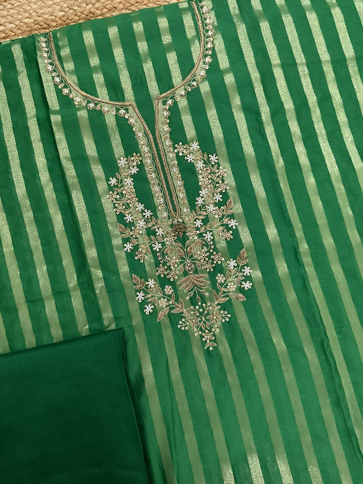 Pure Mul Chanderi Self Weaved Embroidered Suit - Green