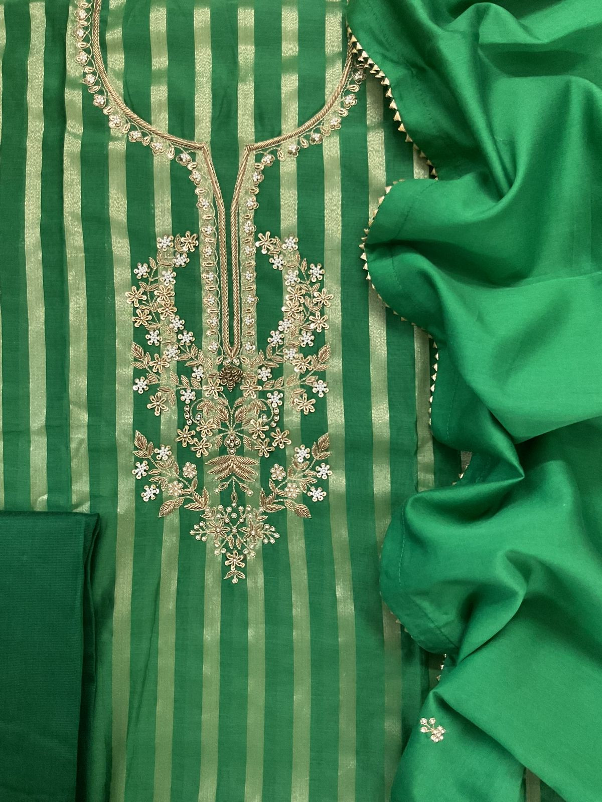 Pure Mul Chanderi Self Weaved Embroidered Suit - Green