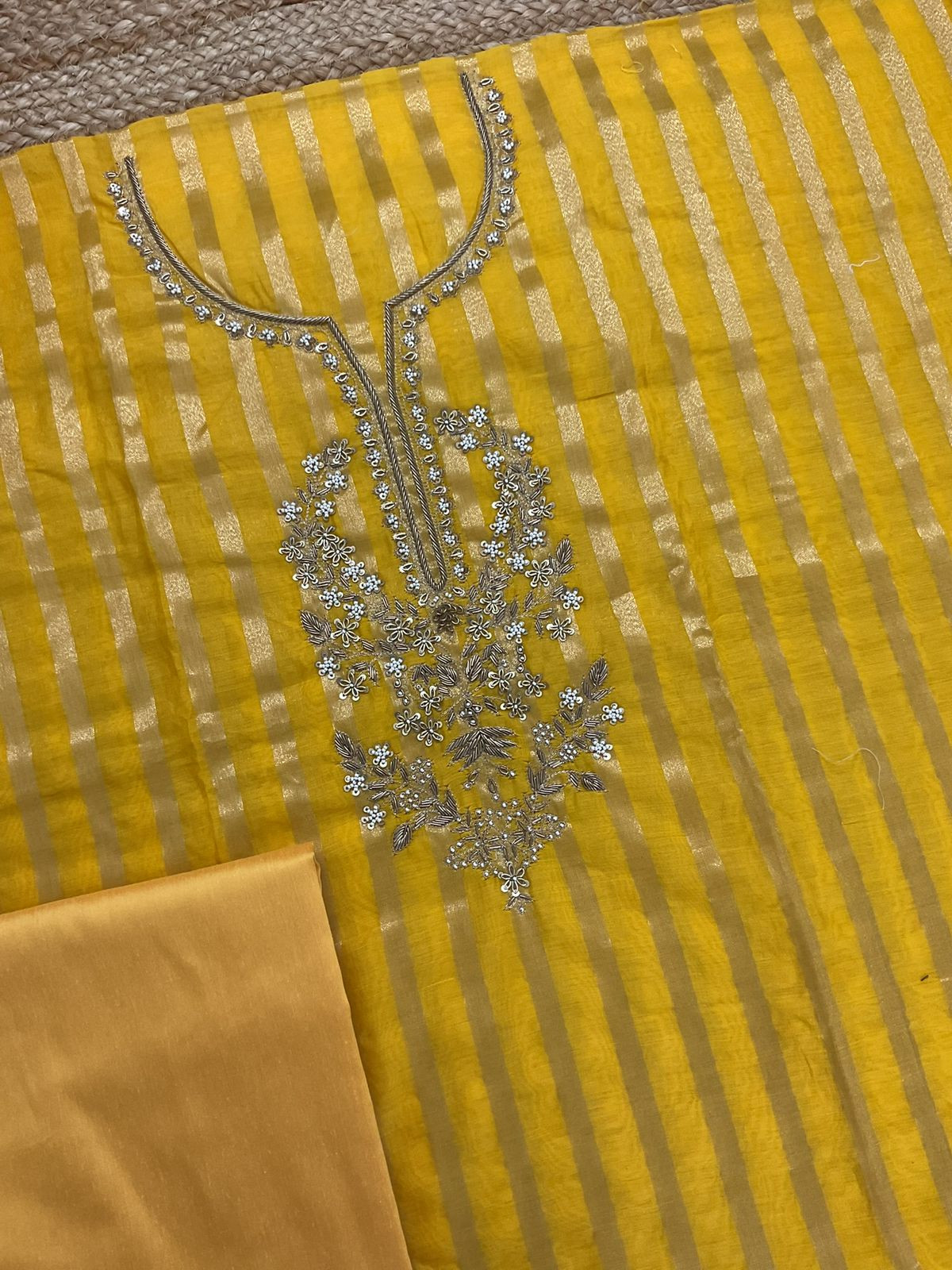 Pure Mul Chanderi Self Weaved Embroidered Suit - Yellow