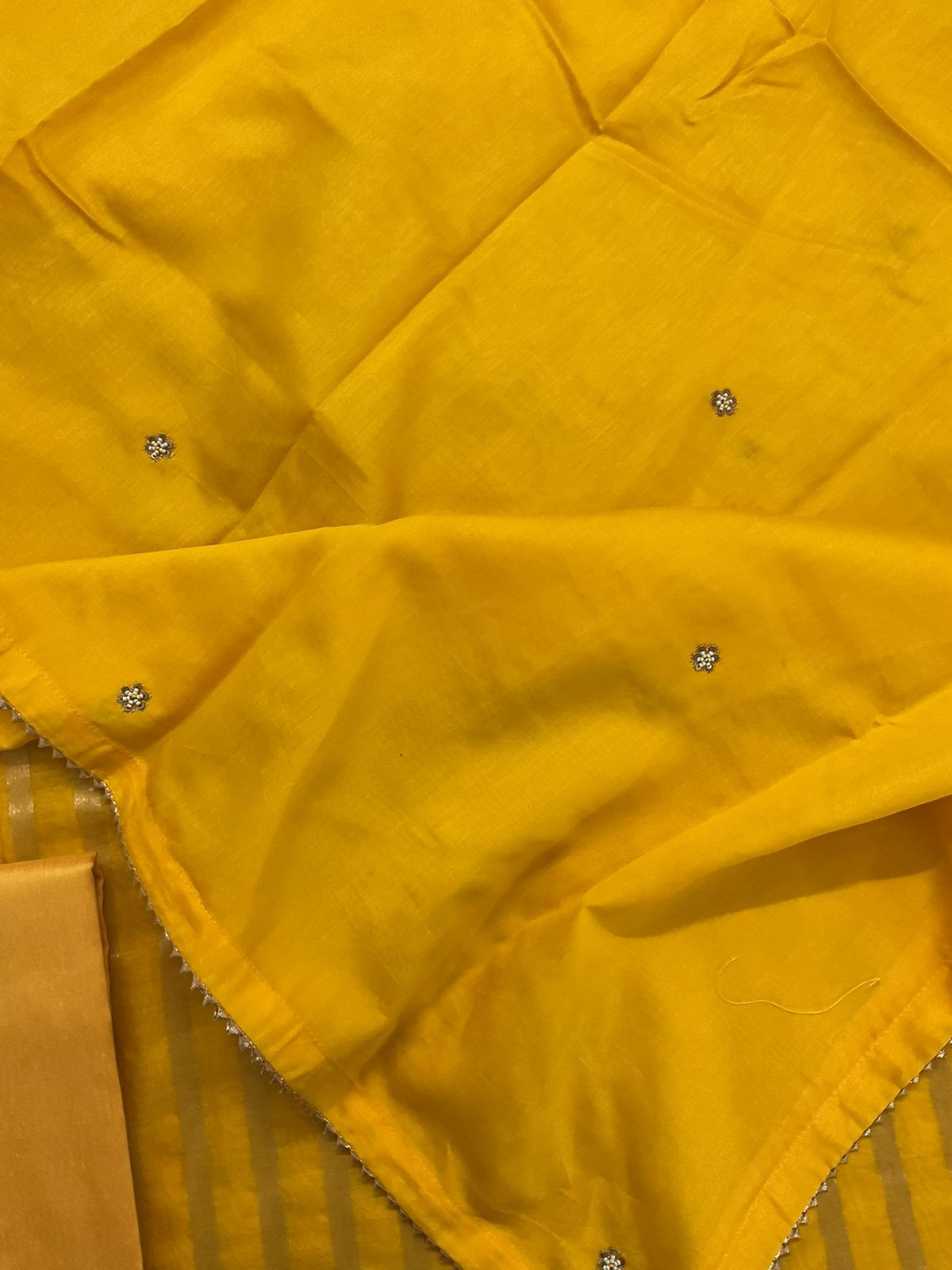 Pure Mul Chanderi Self Weaved Embroidered Suit - Yellow