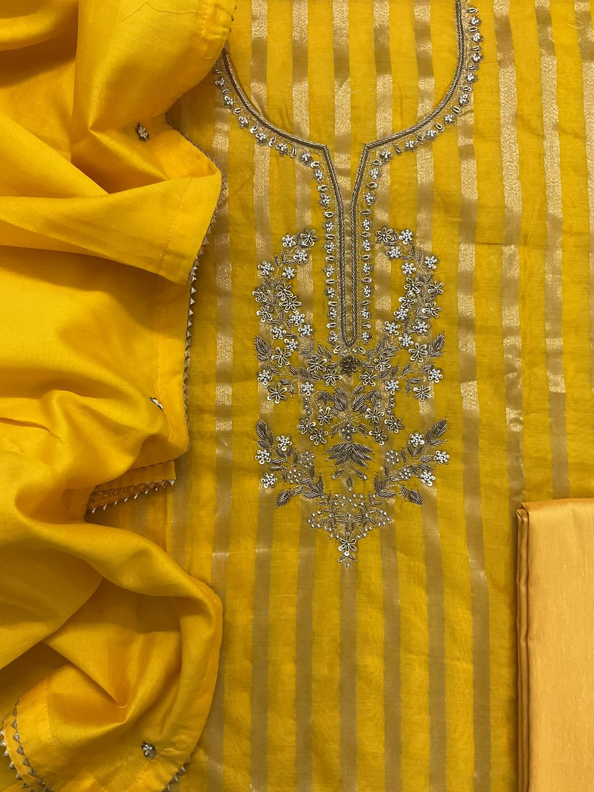 Pure Mul Chanderi Self Weaved Embroidered Suit - Yellow