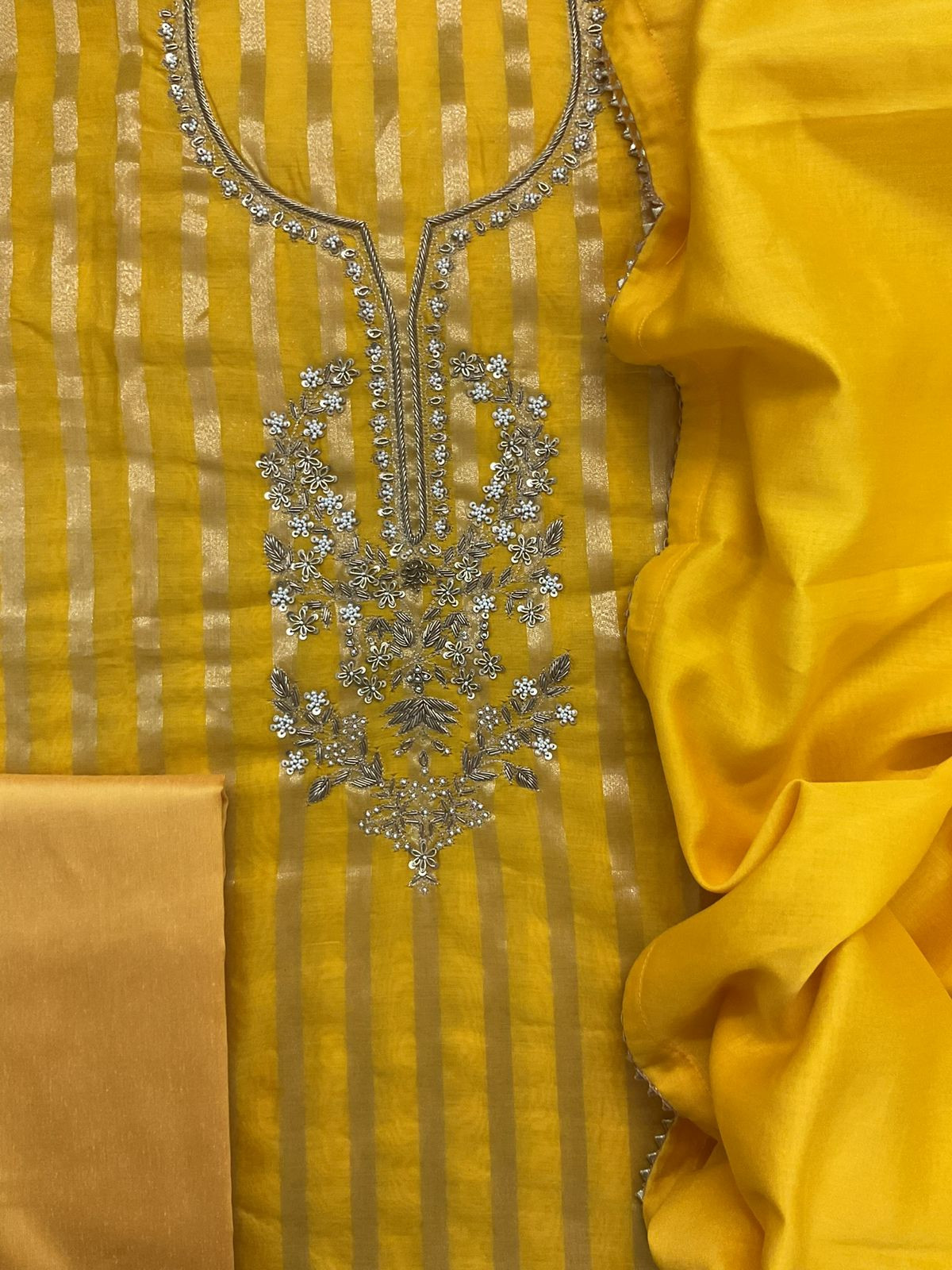 Pure Mul Chanderi Self Weaved Embroidered Suit - Yellow