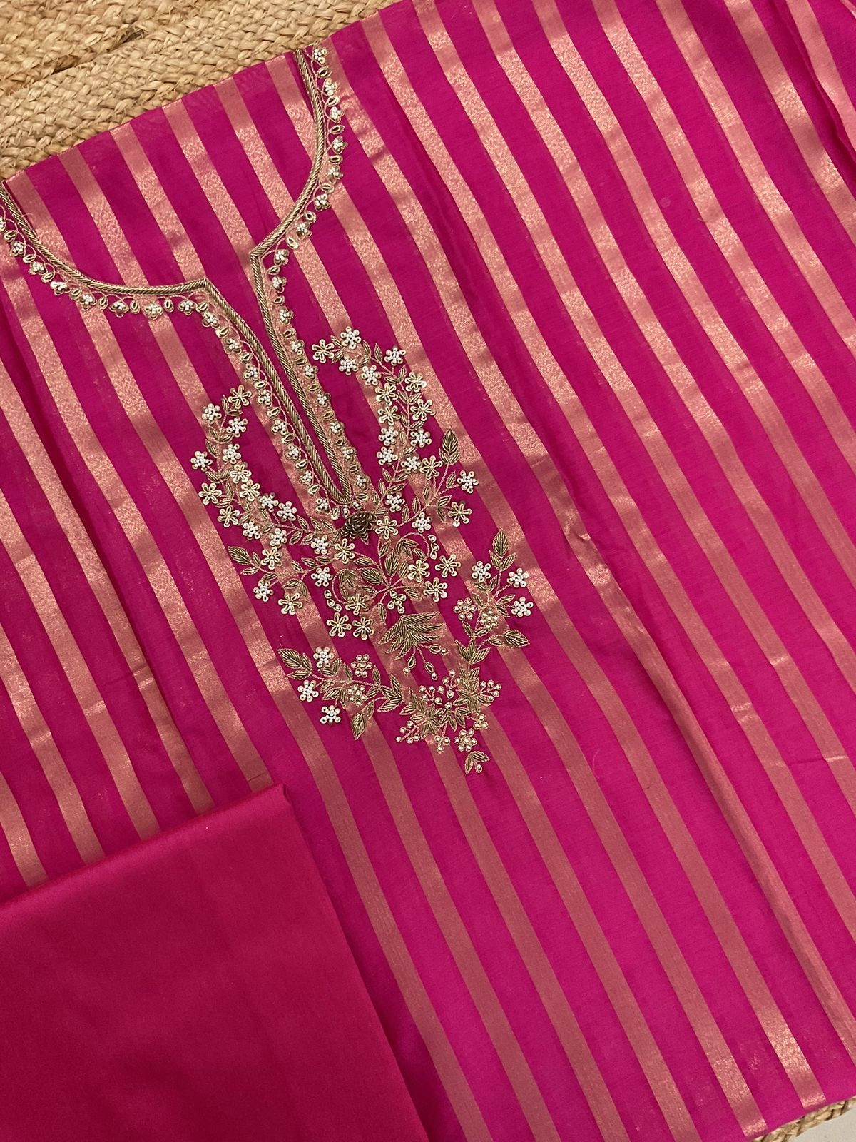 Pure Mul Chanderi Self Weaved Embroidered Suit - Pink