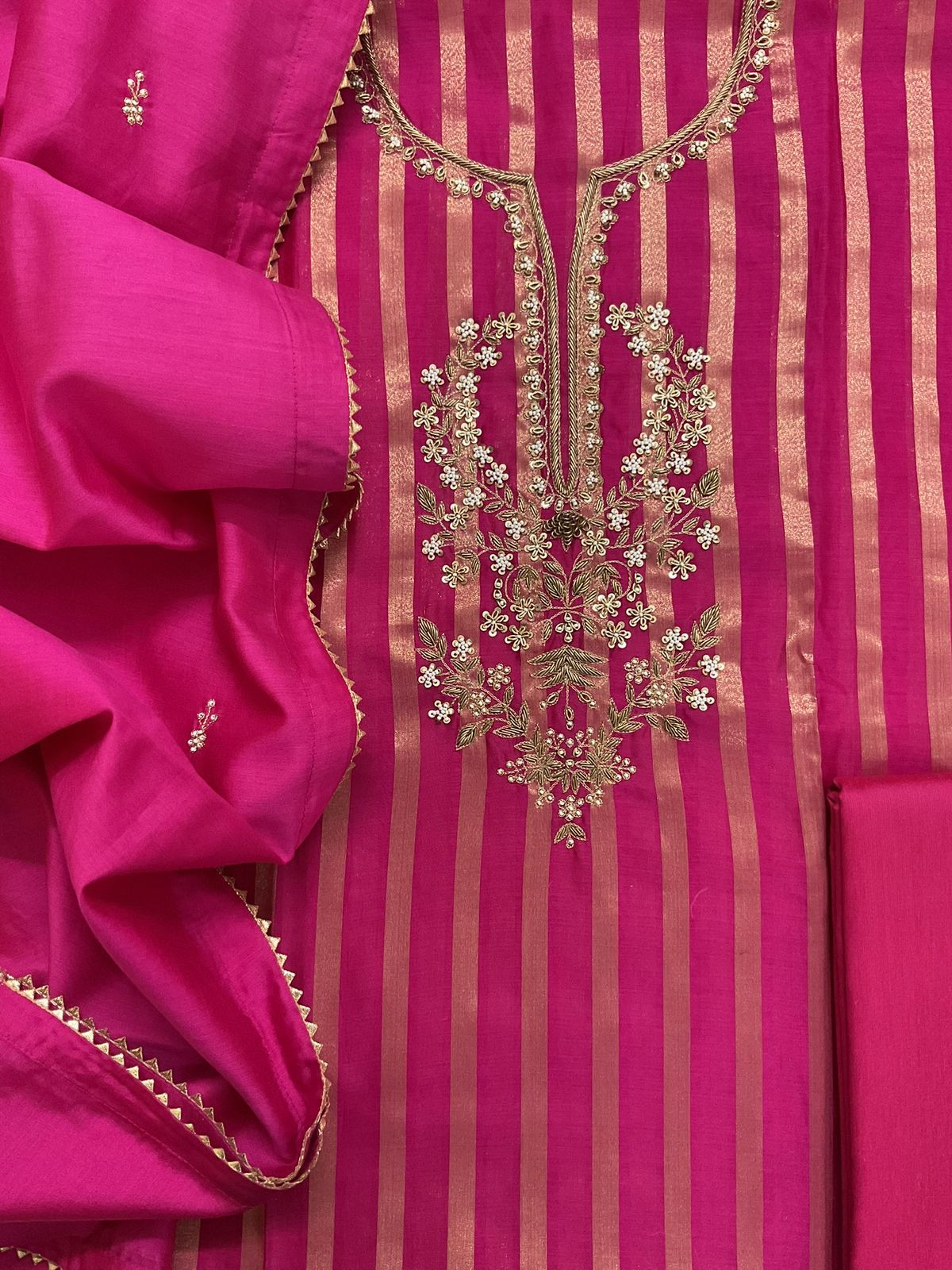 Pure Mul Chanderi Self Weaved Embroidered Suit - Pink