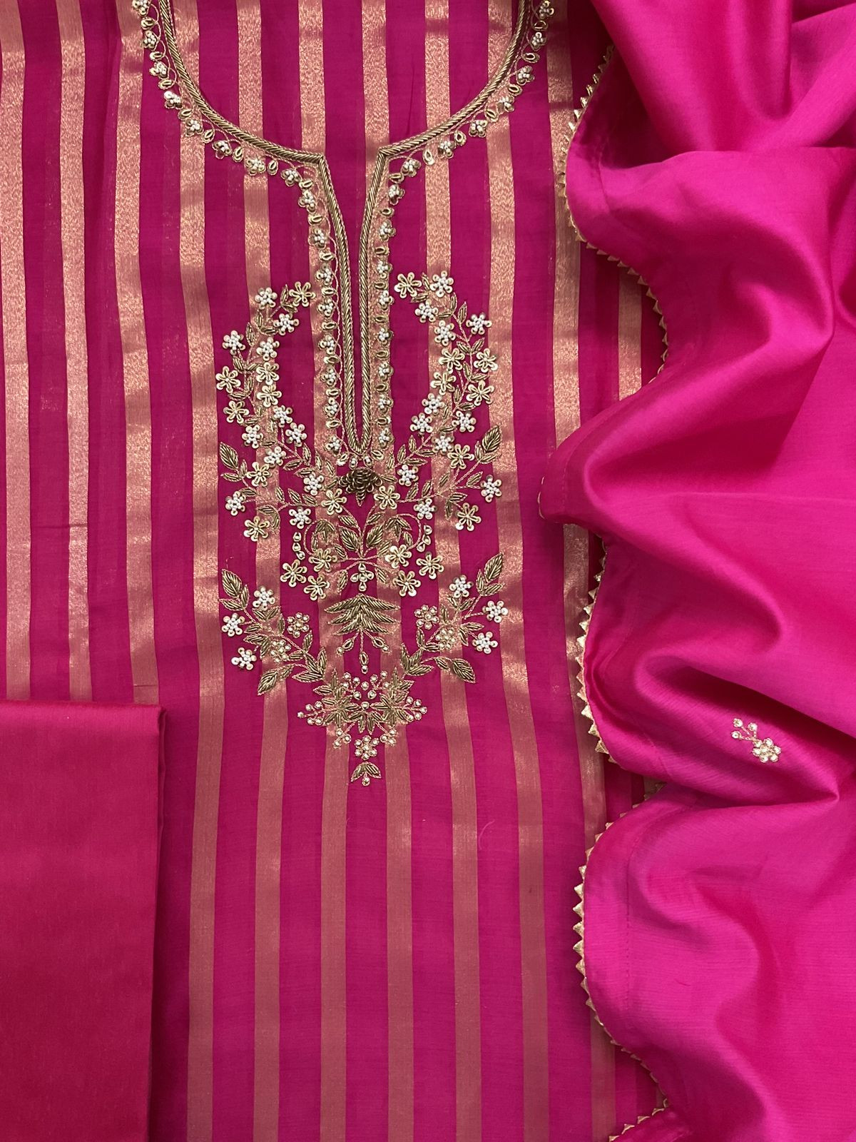 Pure Mul Chanderi Self Weaved Embroidered Suit - Pink