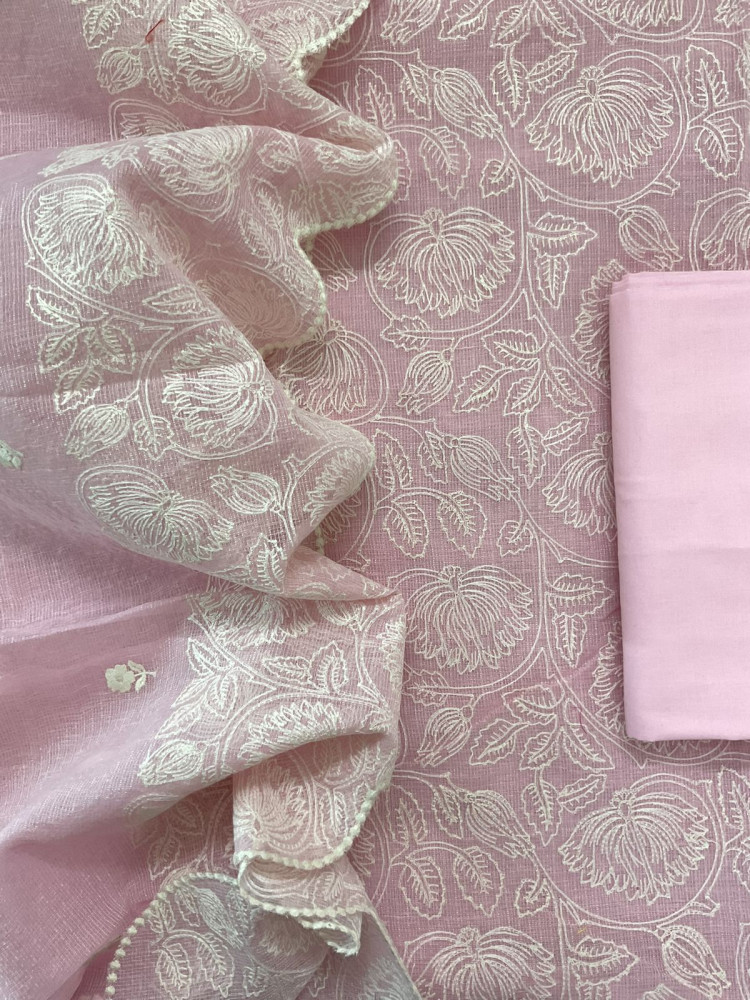 Image of Pure Tissue Kota Silk Embroidered Suit - Pink