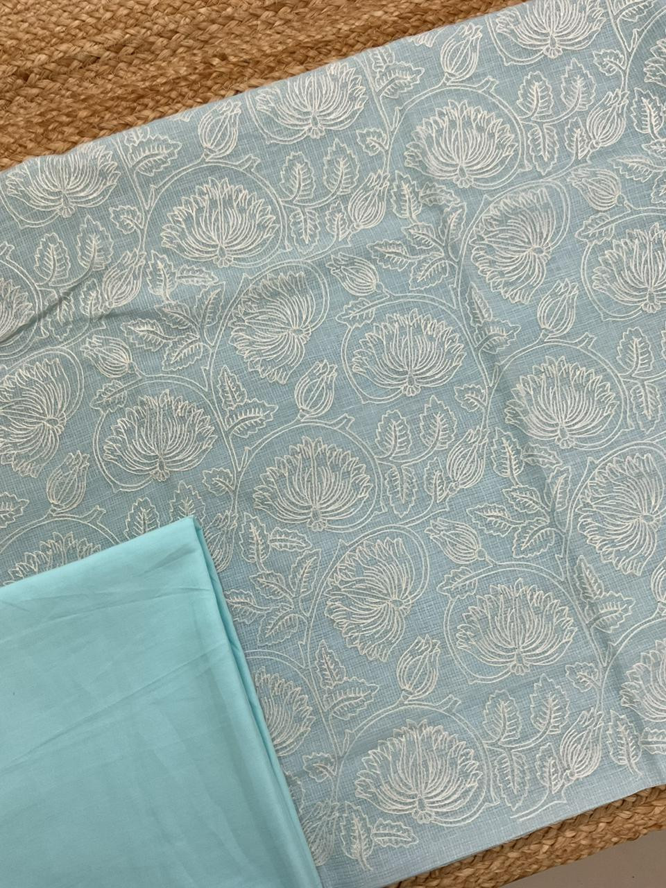 Pure Tissue Kota Silk Embroidered Suit - Blue