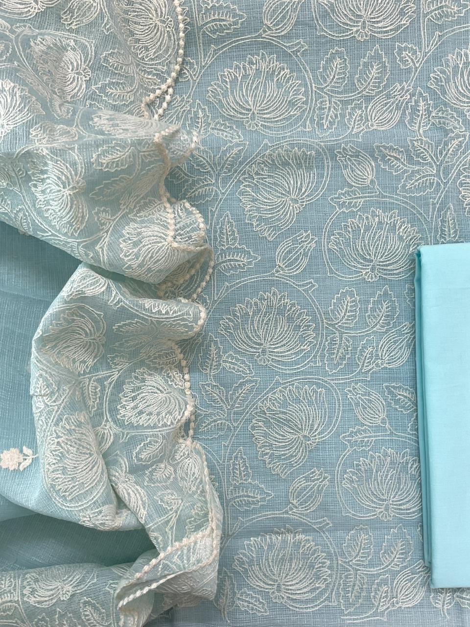 Pure Tissue Kota Silk Embroidered Suit - Blue