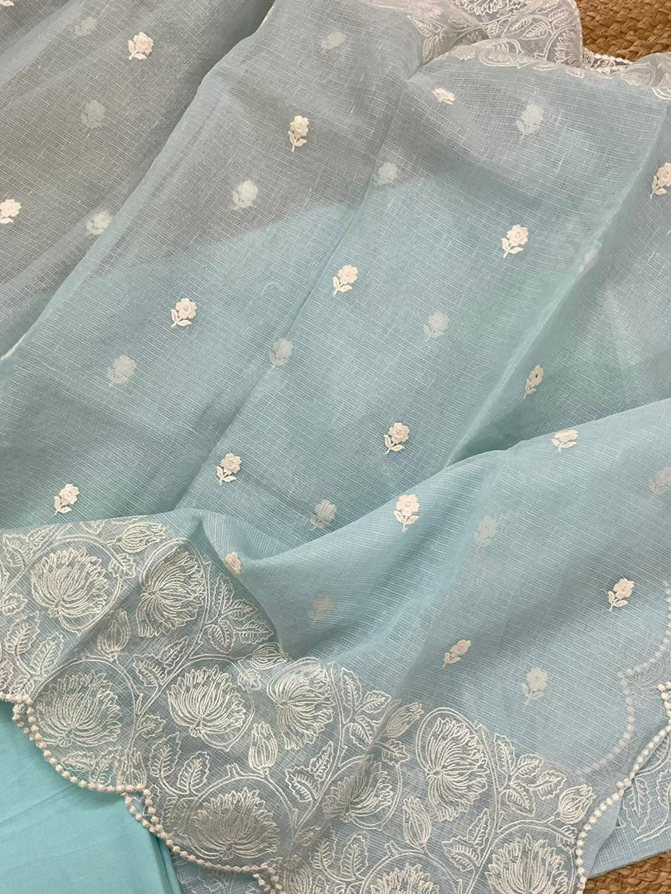 Pure Tissue Kota Silk Embroidered Suit - Blue