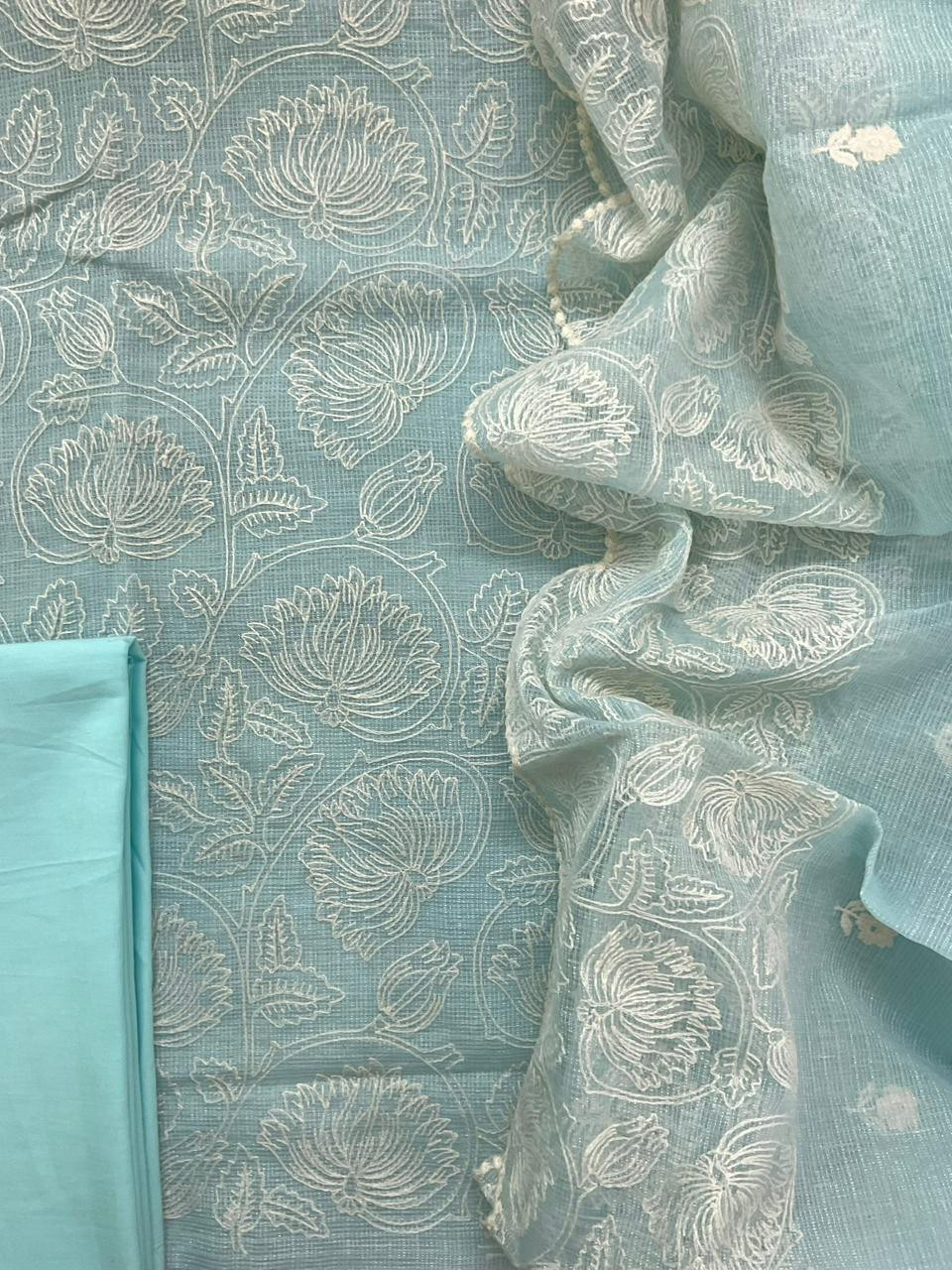 Pure Tissue Kota Silk Embroidered Suit - Blue