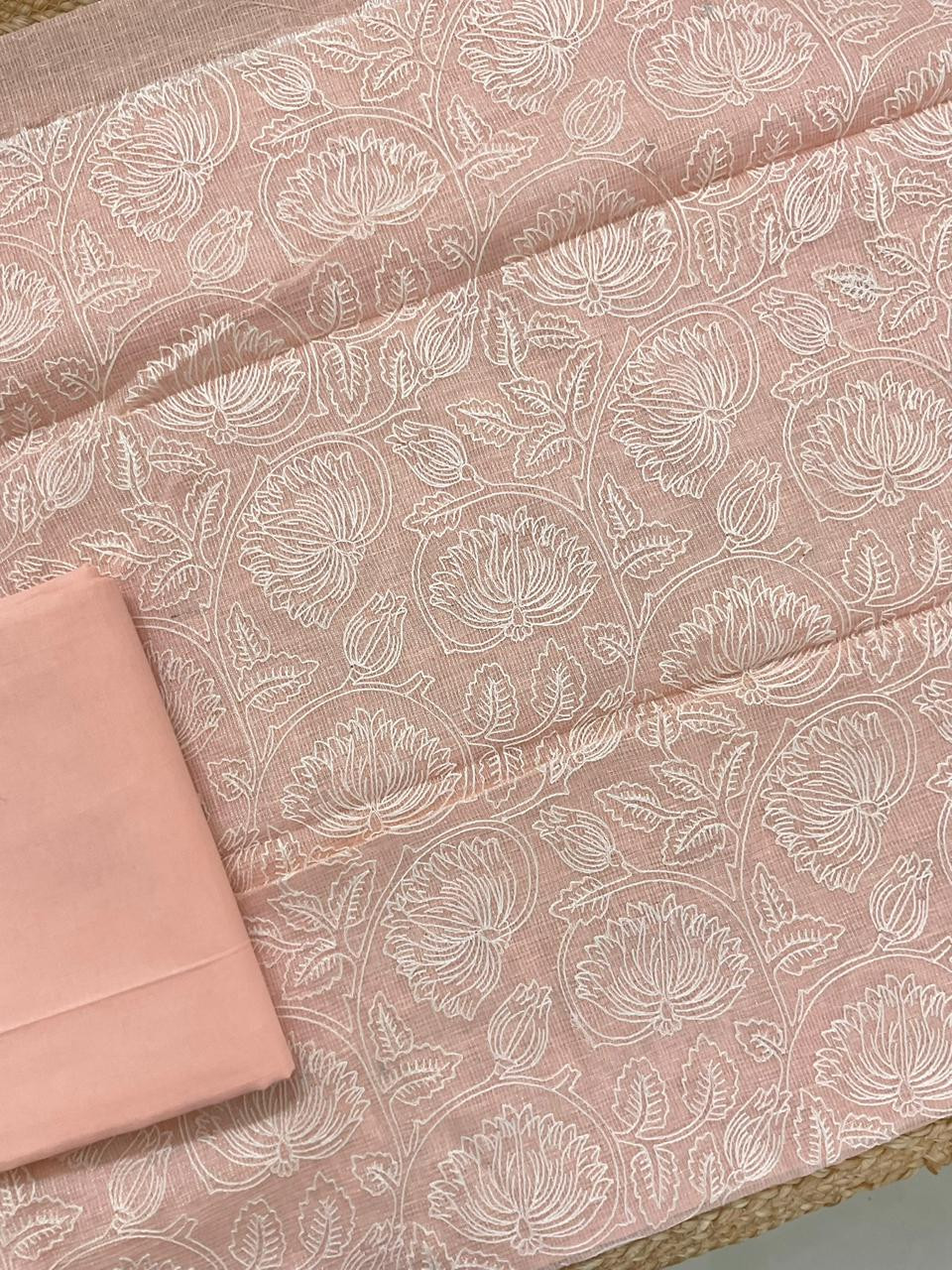 Pure Tissue Kota Silk Embroidered Suit - Peach