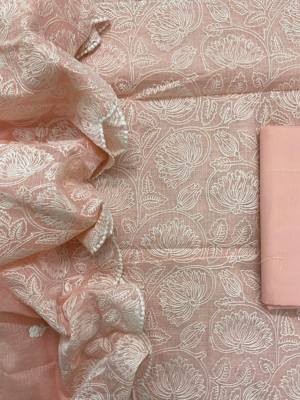 Pure Tissue Kota Silk Embroidered Suit - Peach