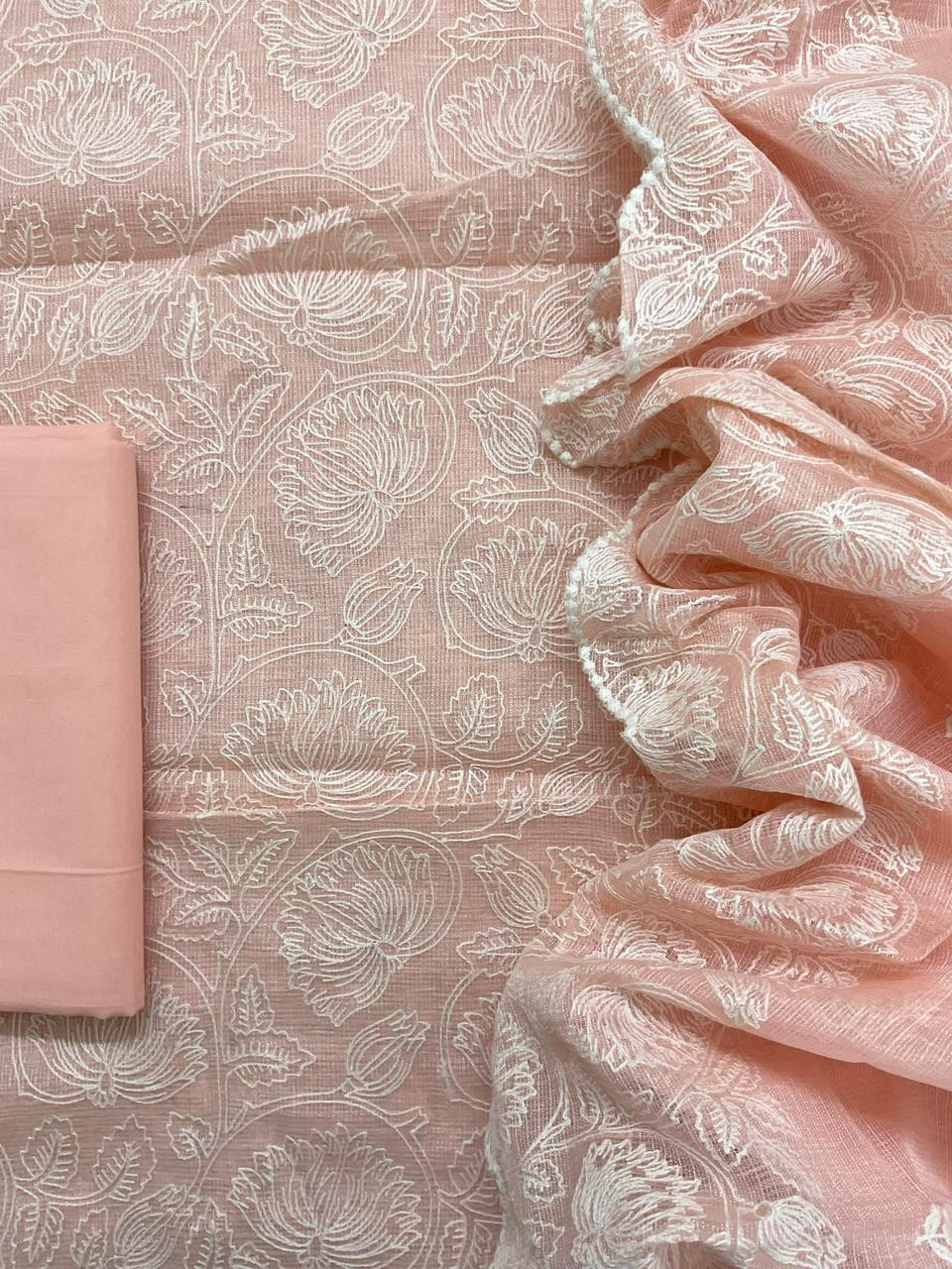 Pure Tissue Kota Silk Embroidered Suit - Peach