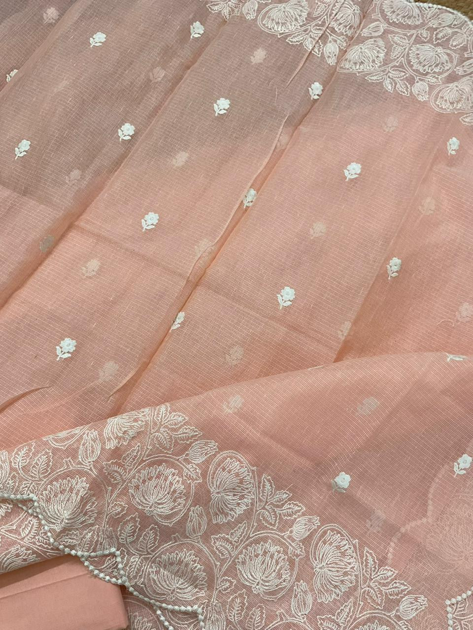 Pure Tissue Kota Silk Embroidered Suit - Peach