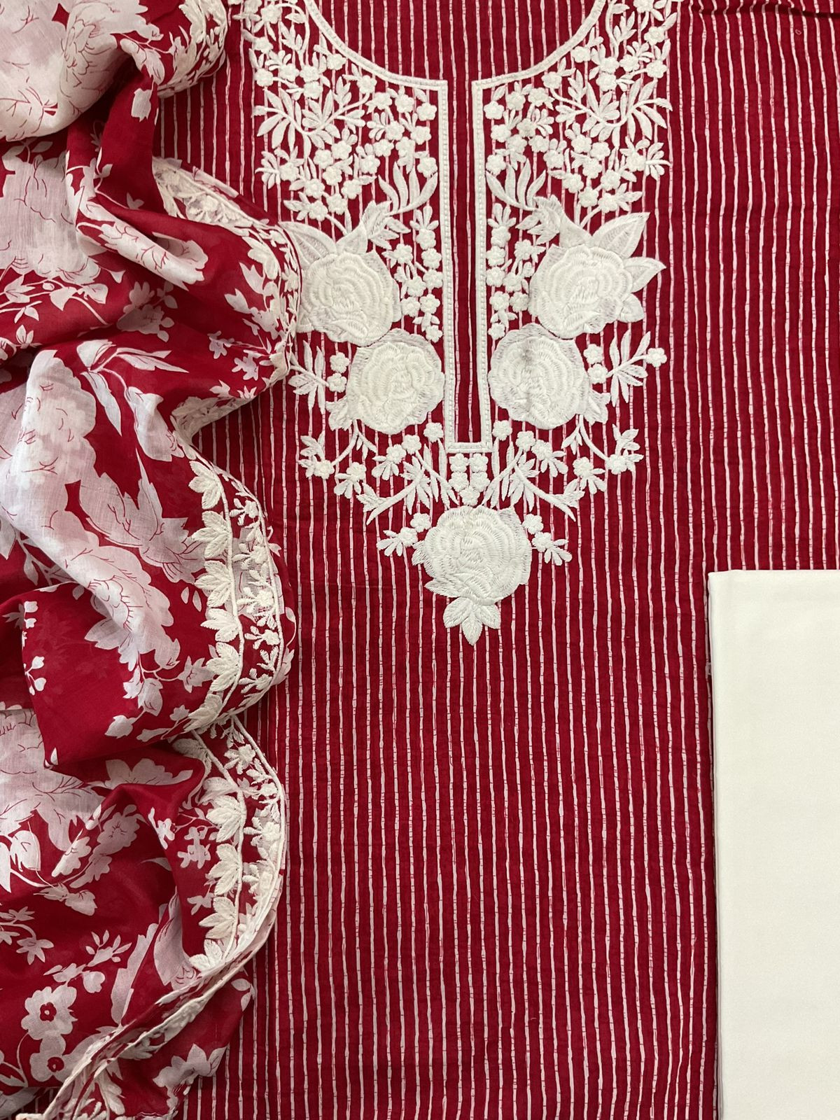 Pure Mul Cotton Printed Embroidered Suit - Maroon