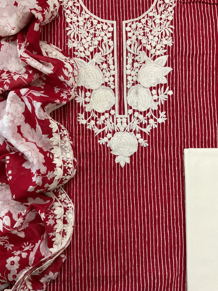 Image of Pure Mul Cotton Printed Embroidered Suit - Maroon