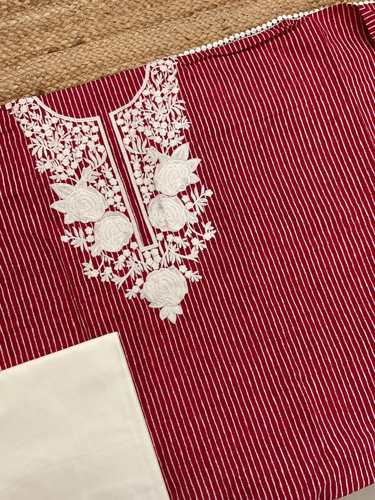 Pure Mul Cotton Printed Embroidered Suit - Maroon