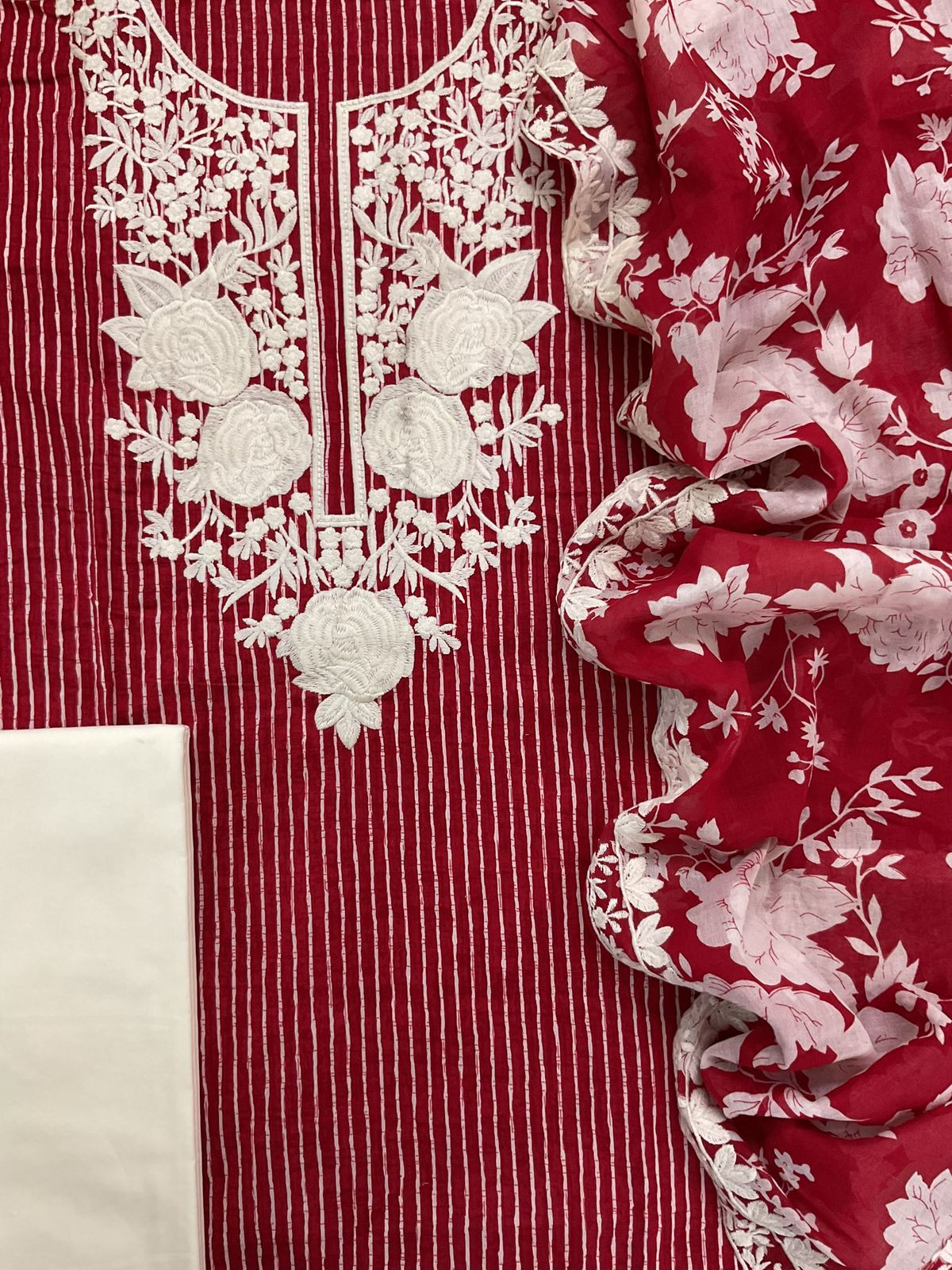 Pure Mul Cotton Printed Embroidered Suit - Maroon