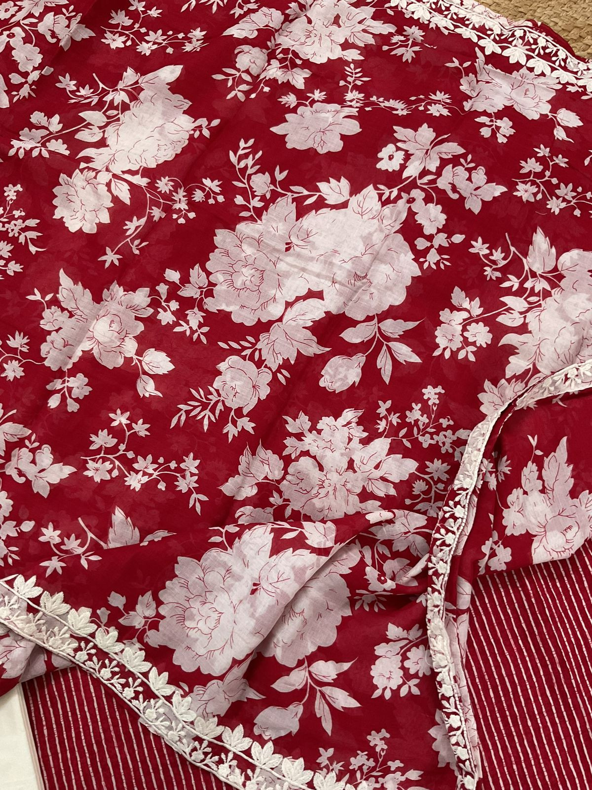 Pure Mul Cotton Printed Embroidered Suit - Maroon