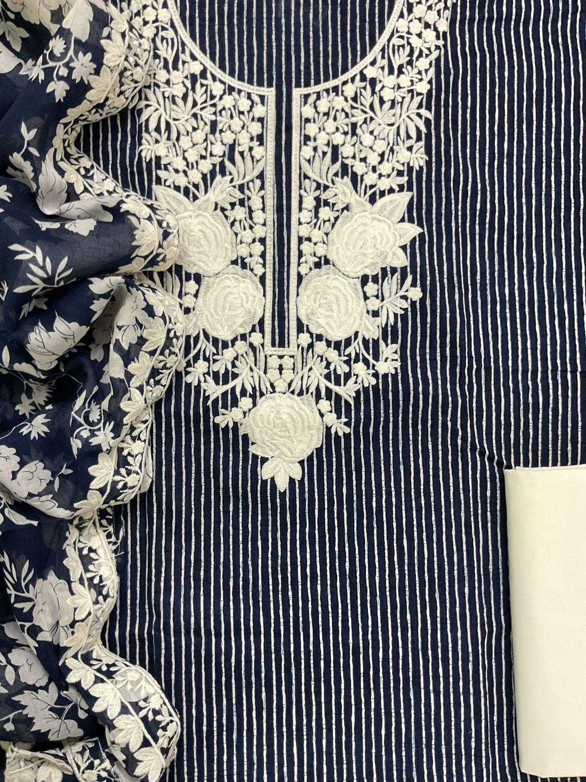 Pure Mul Cotton Printed Embroidered Suit - Blue