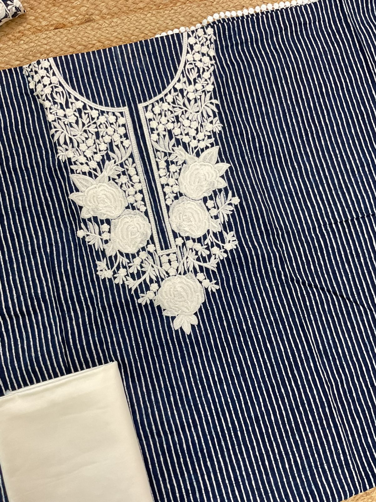 Pure Mul Cotton Printed Embroidered Suit - Blue