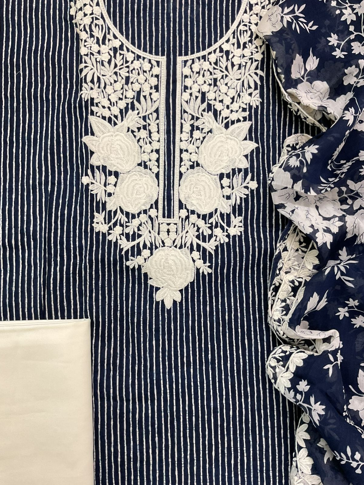 Pure Mul Cotton Printed Embroidered Suit - Blue