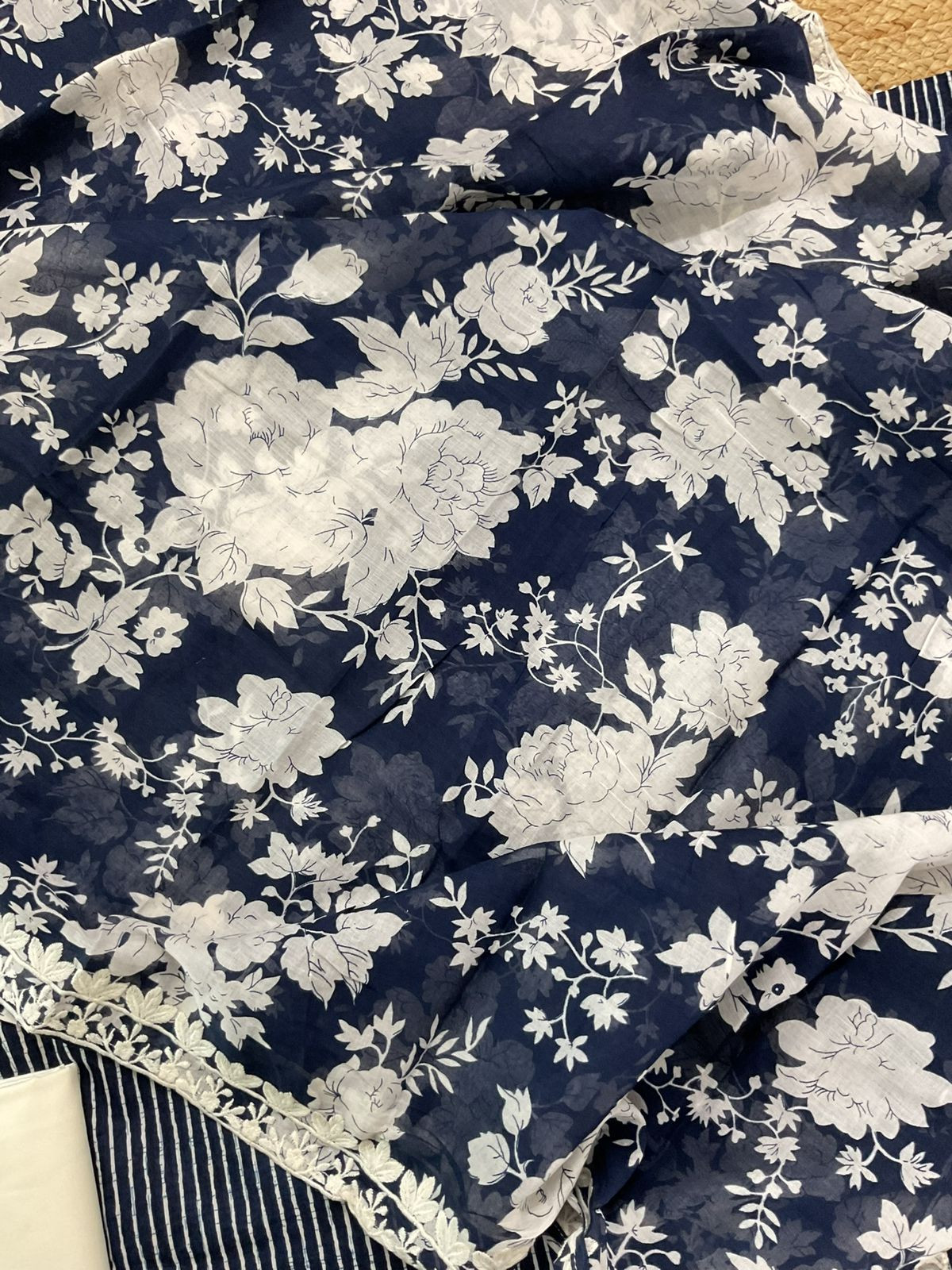 Pure Mul Cotton Printed Embroidered Suit - Blue