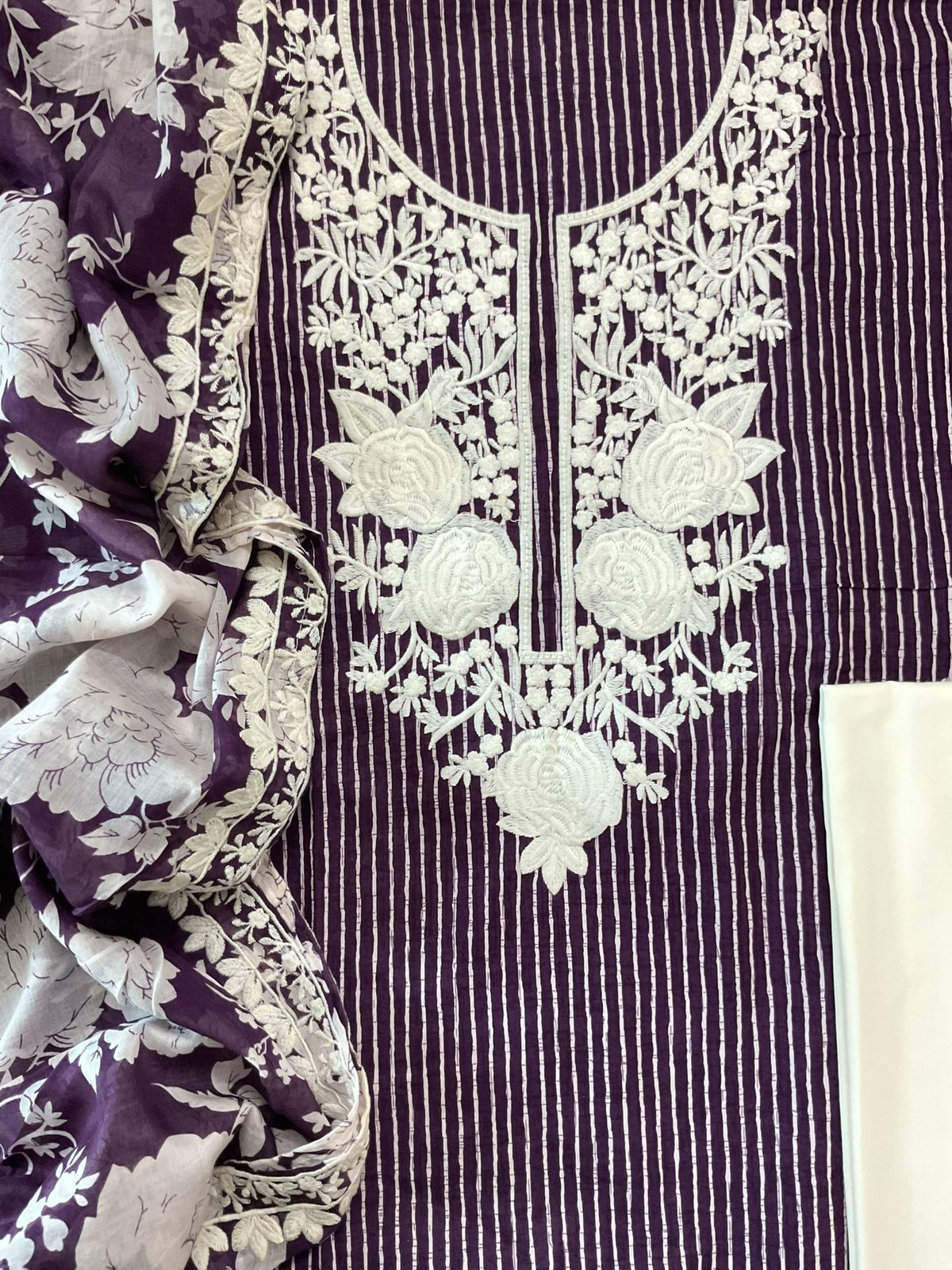 Pure Mul Cotton Printed Embroidered Suit - Violet