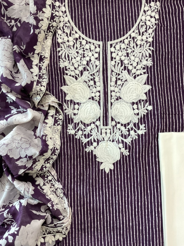 Image of Pure Mul Cotton Printed Embroidered Suit - Violet
